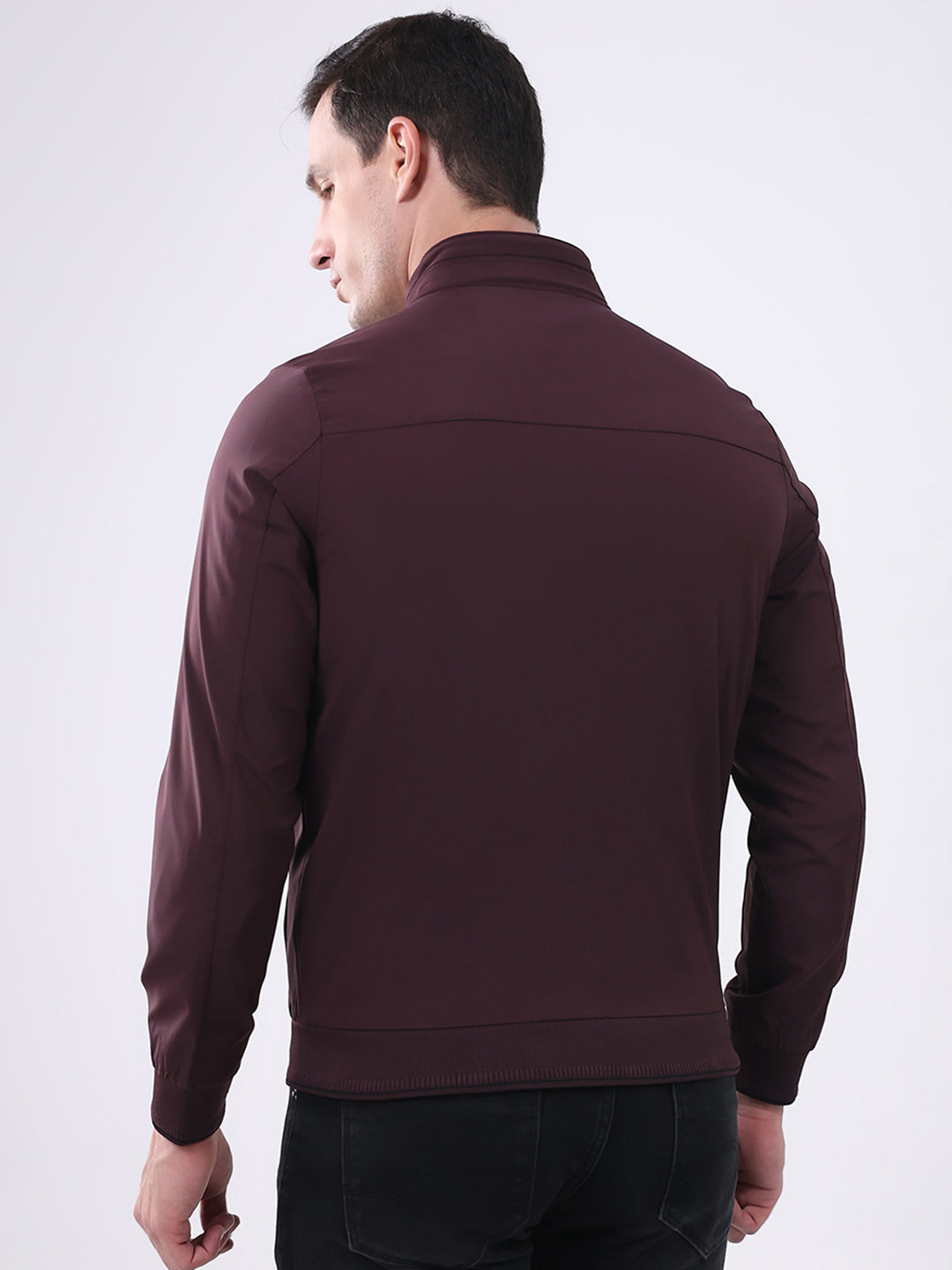 Men Burgundy Solid Mock Neck Full Sleeve Jacket