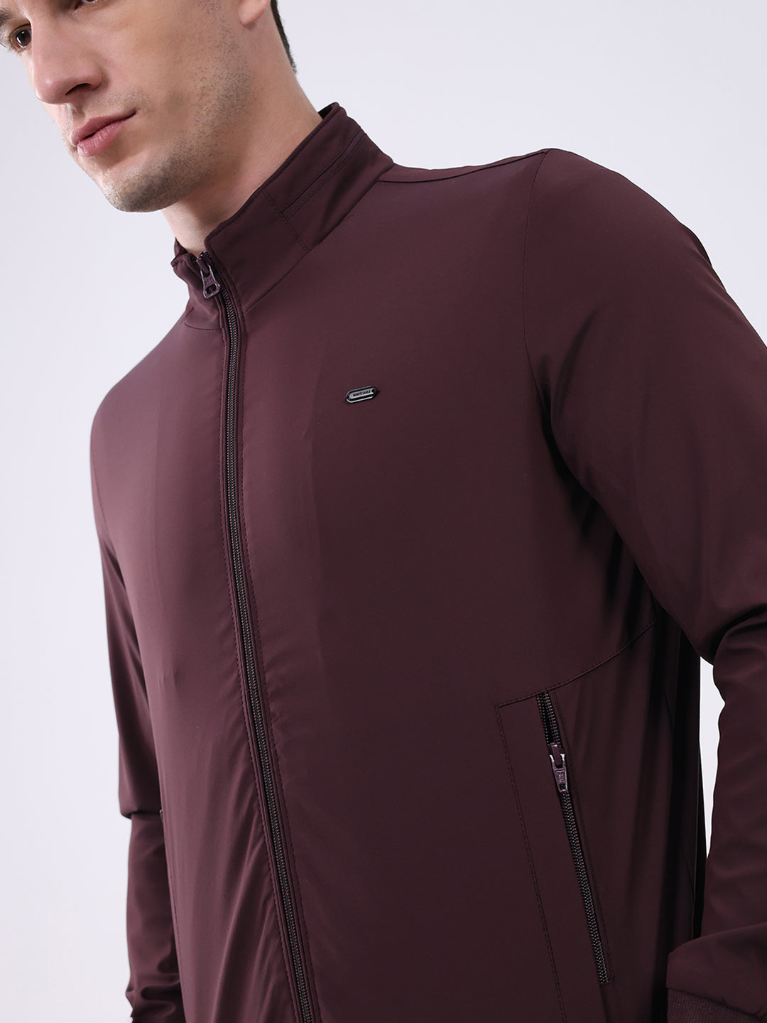 Men Burgundy Solid Mock Neck Full Sleeve Jacket