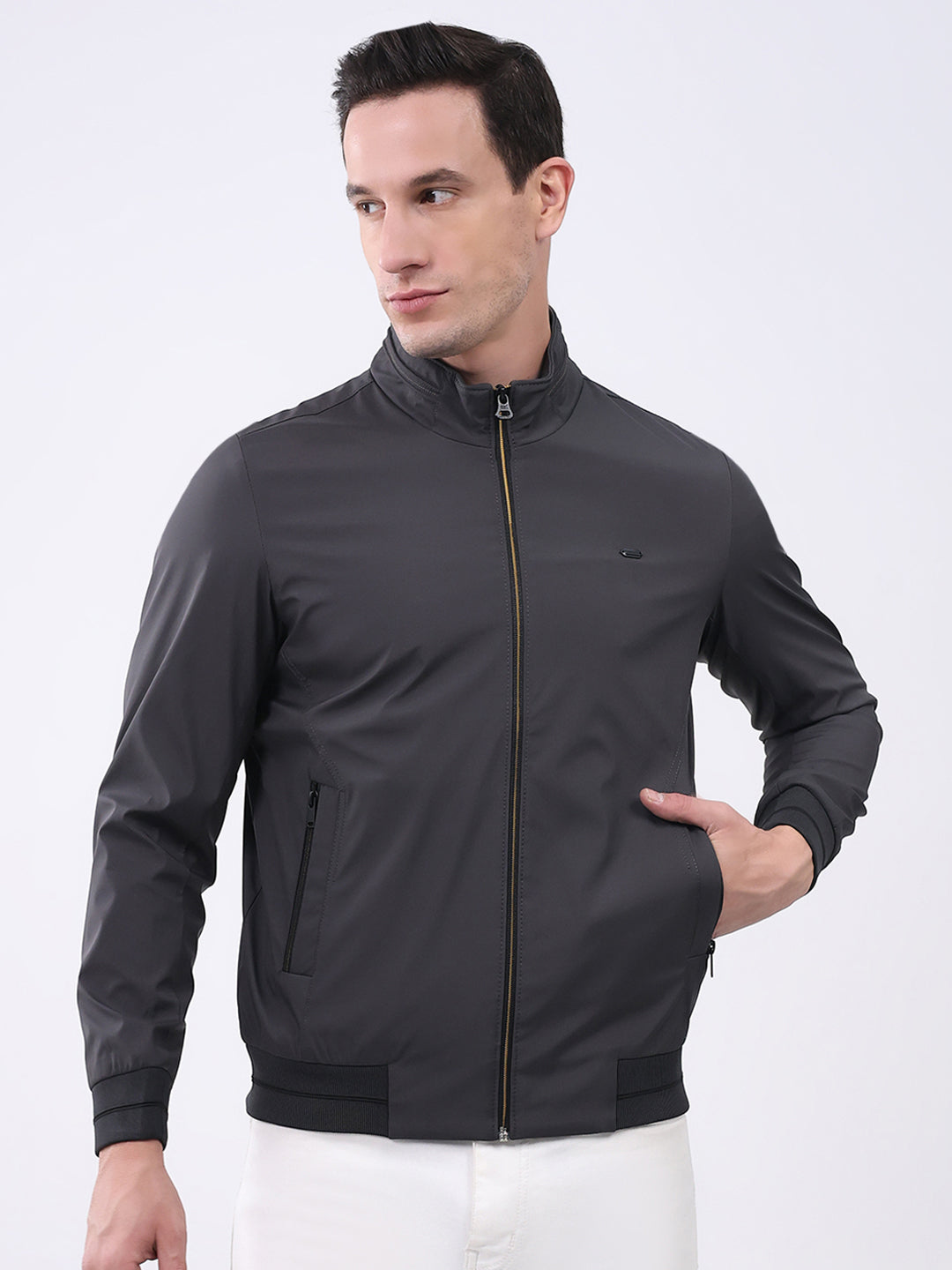 Men Charcoal Solid Mock Neck Full Sleeve Jacket