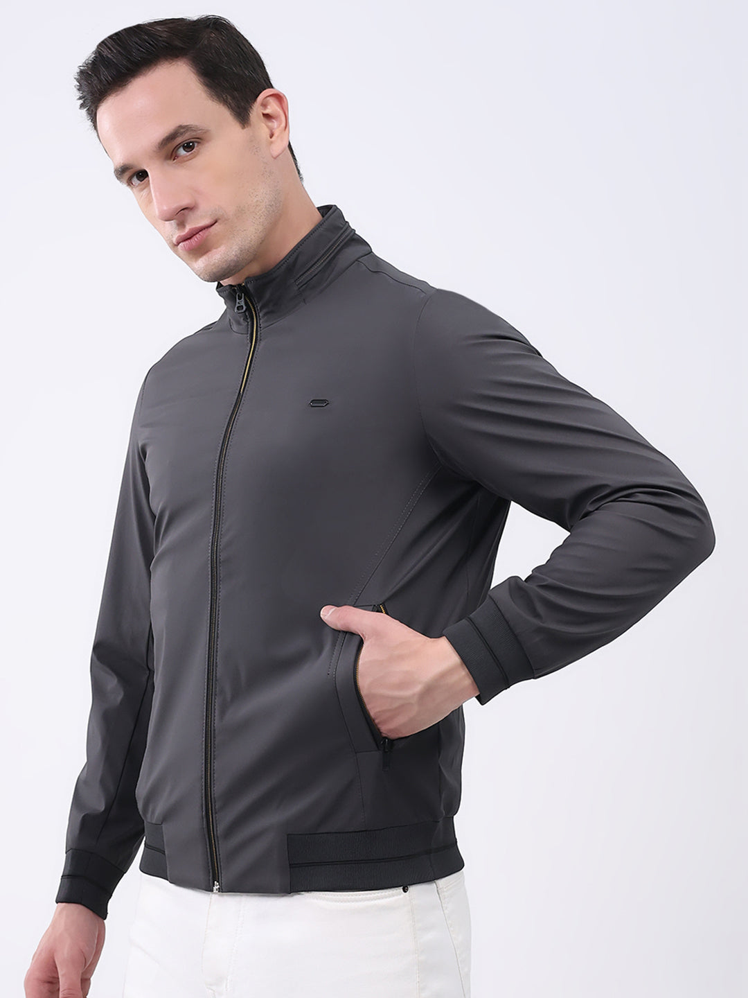 Men Charcoal Solid Mock Neck Full Sleeve Jacket