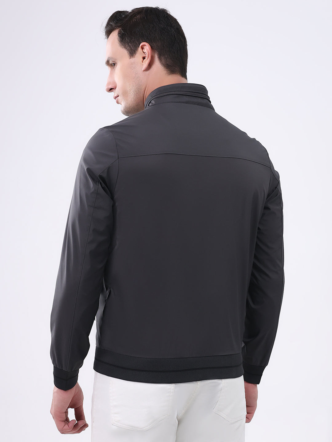 Men Charcoal Solid Mock Neck Full Sleeve Jacket