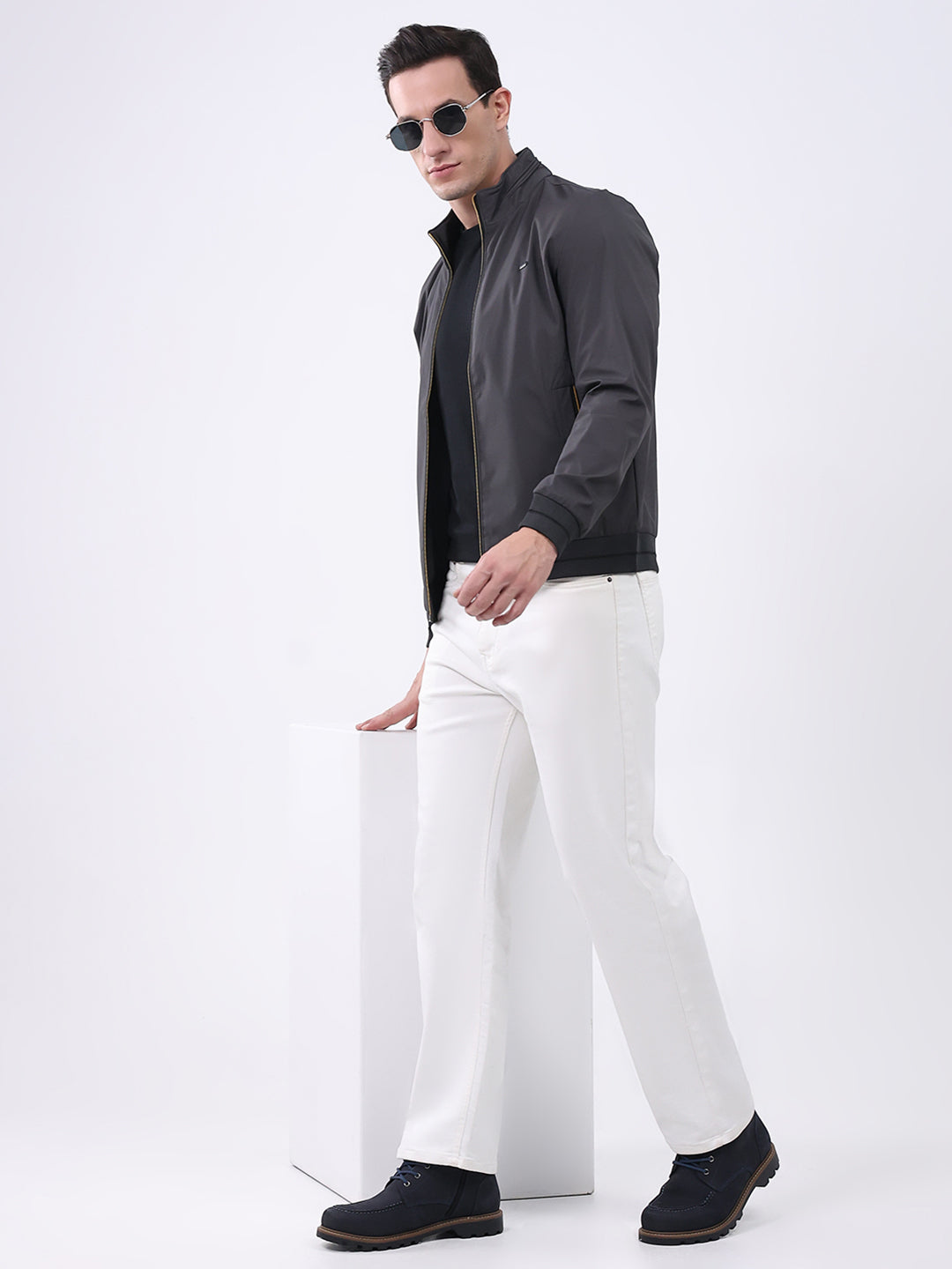 Men Charcoal Solid Mock Neck Full Sleeve Jacket