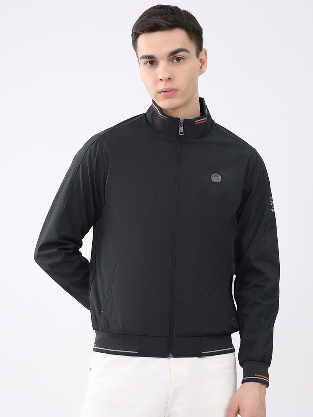 Men Black Solid Mock Neck Full Sleeve Jacket