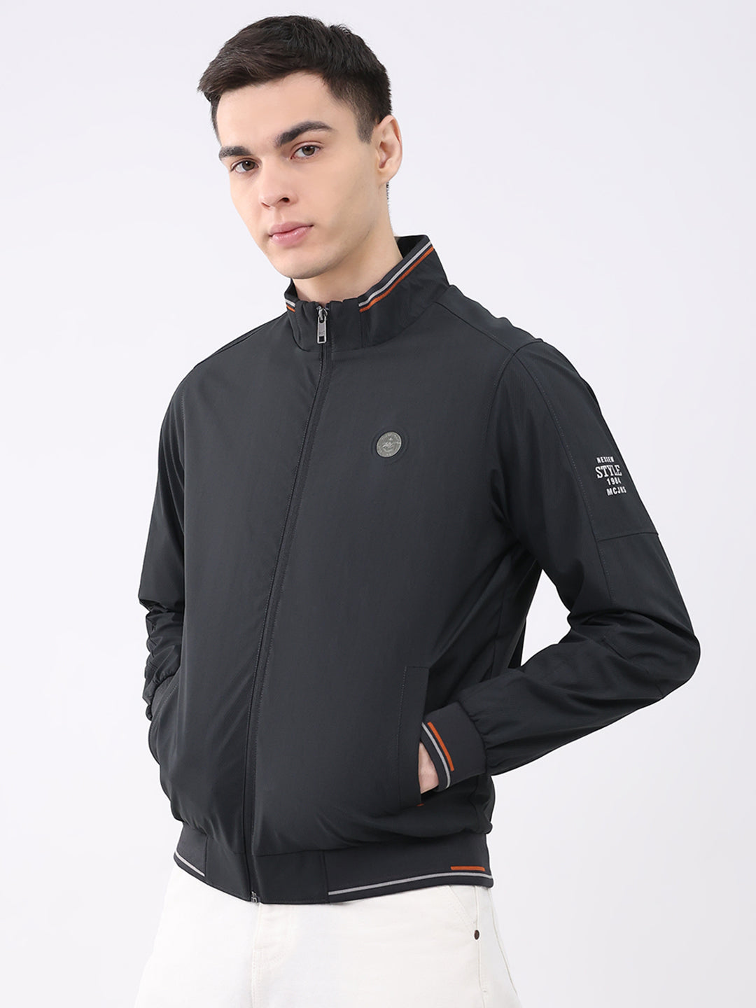 Men Black Solid Mock Neck Full Sleeve Jacket