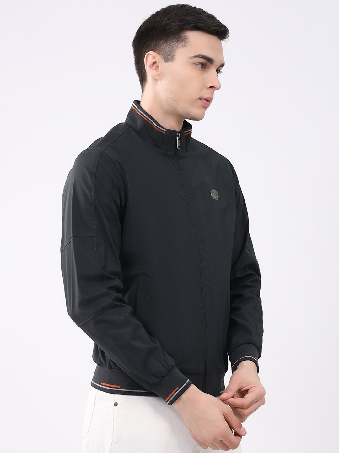 Men Black Solid Mock Neck Full Sleeve Jacket