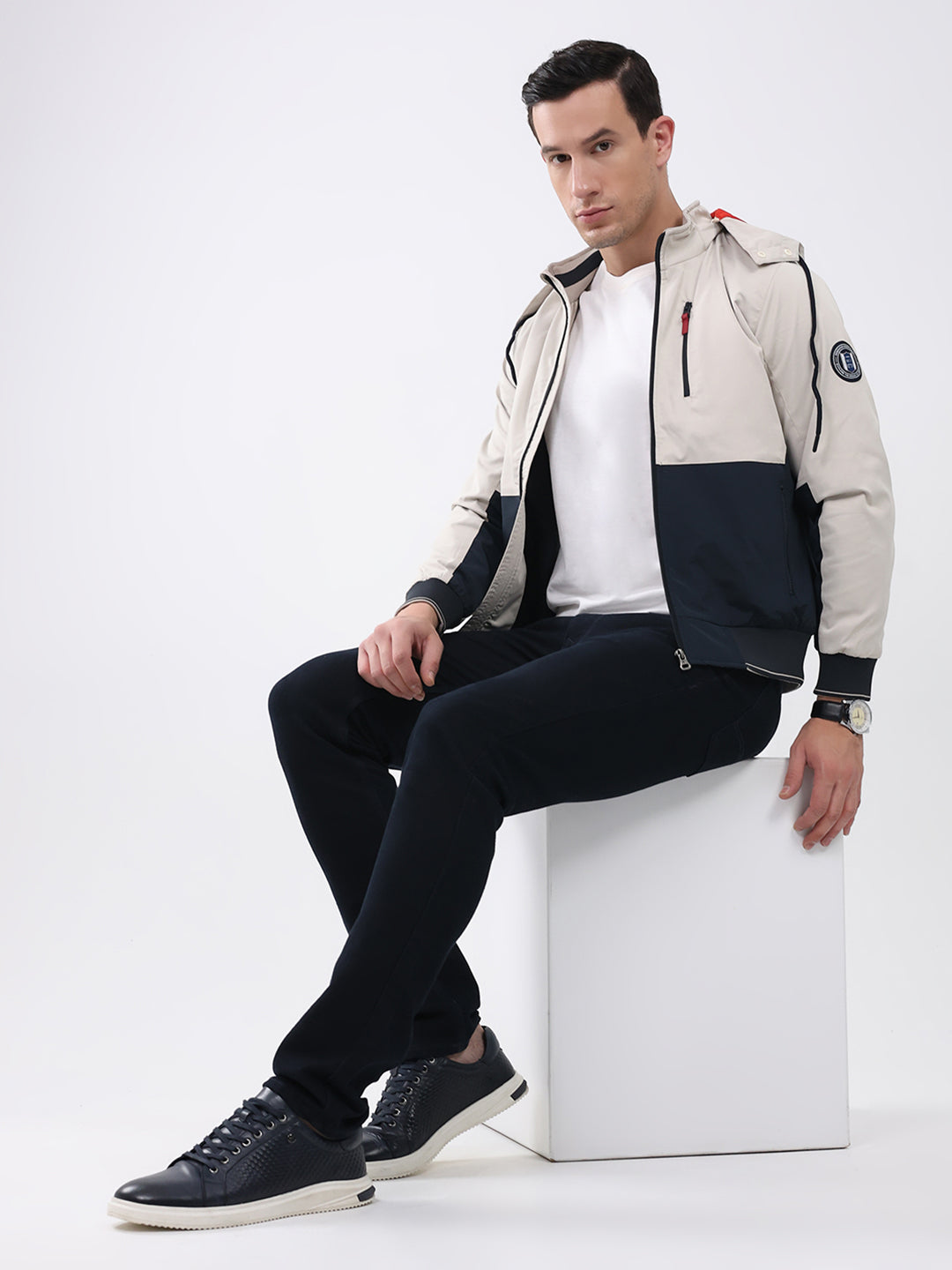 Men Cream & Navy Blue Solid Detachable Hood Full Sleeve Jacket