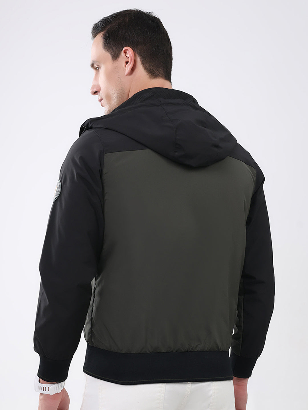 Men Olive Solid Detachable Hood Full Sleeve Jacket