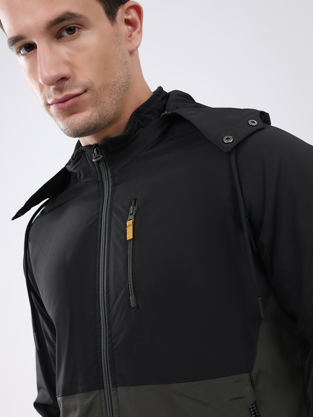 Men Olive Solid Detachable Hood Full Sleeve Jacket