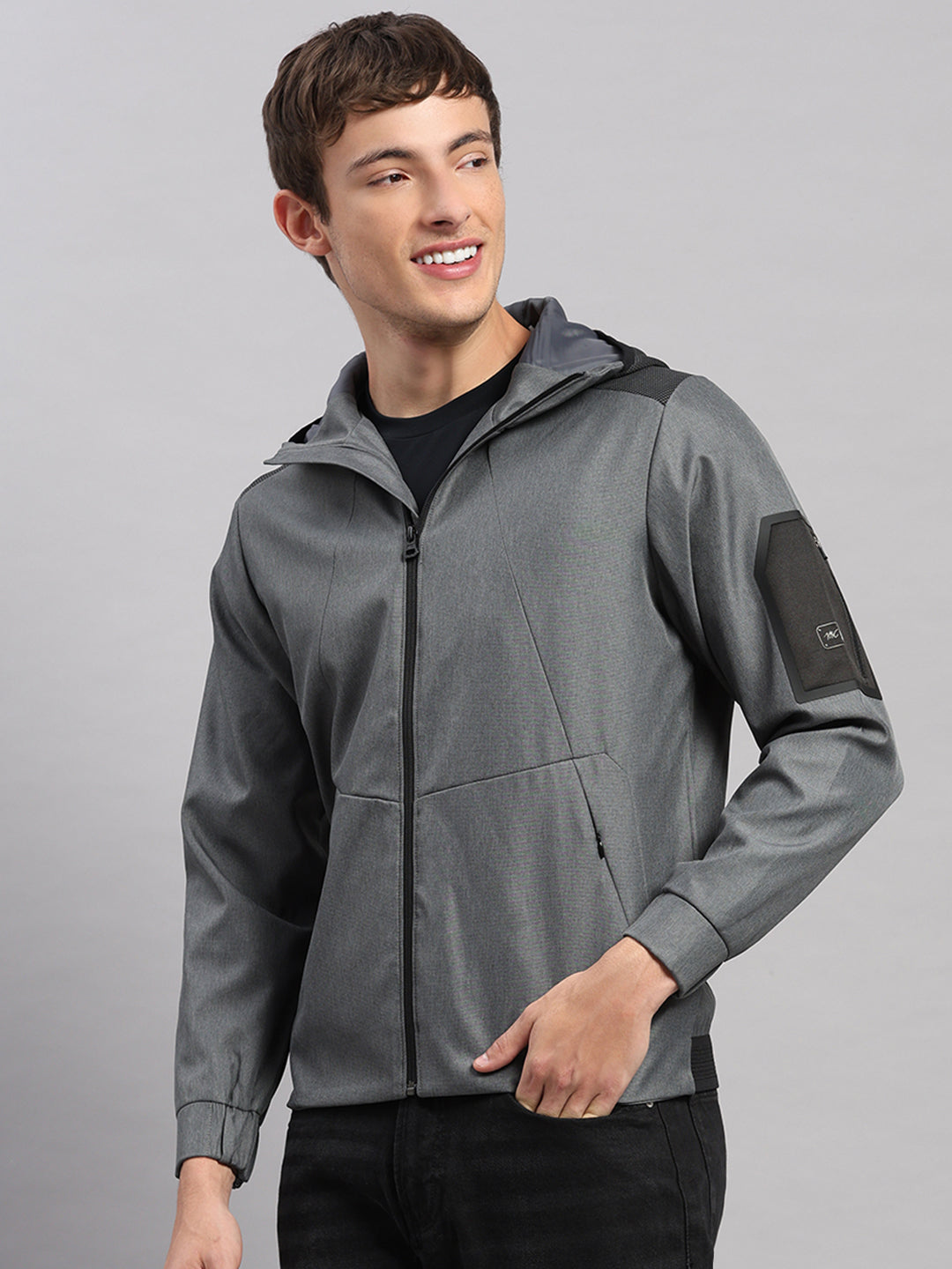 Men Grey Solid Hooded Full Sleeve Jacket