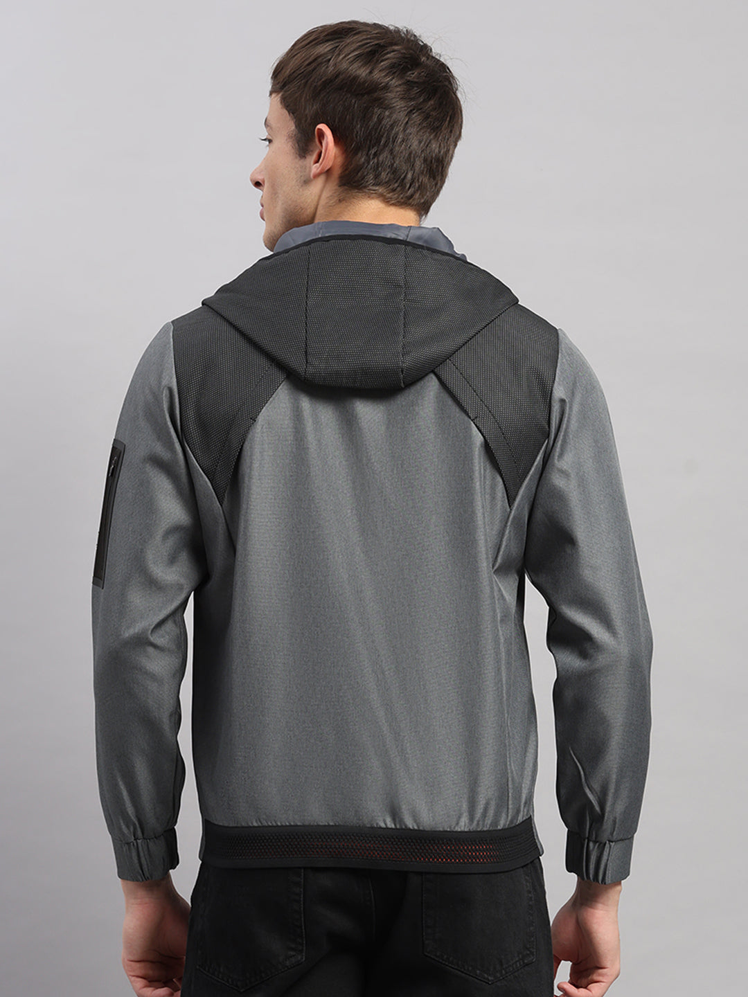 Men Grey Solid Hooded Full Sleeve Jacket