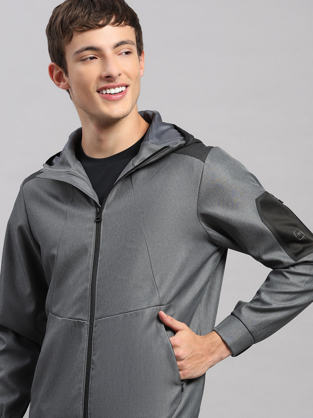 Men Grey Solid Hooded Full Sleeve Jacket