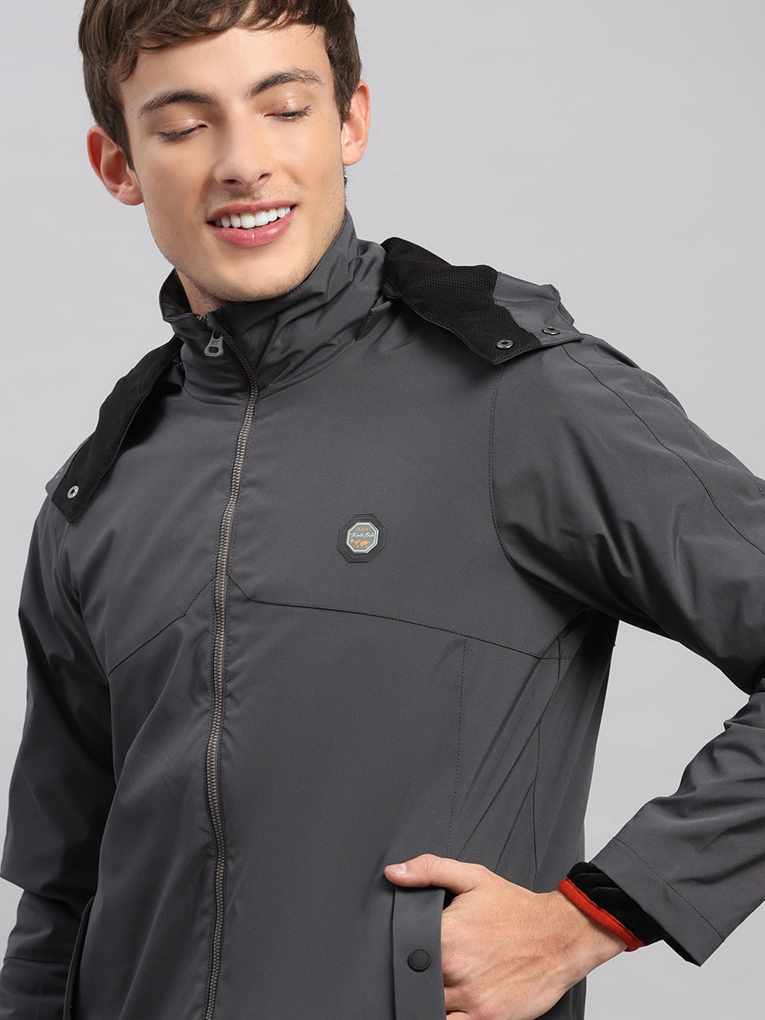 Men Grey Solid Hooded Full Sleeve Jacket