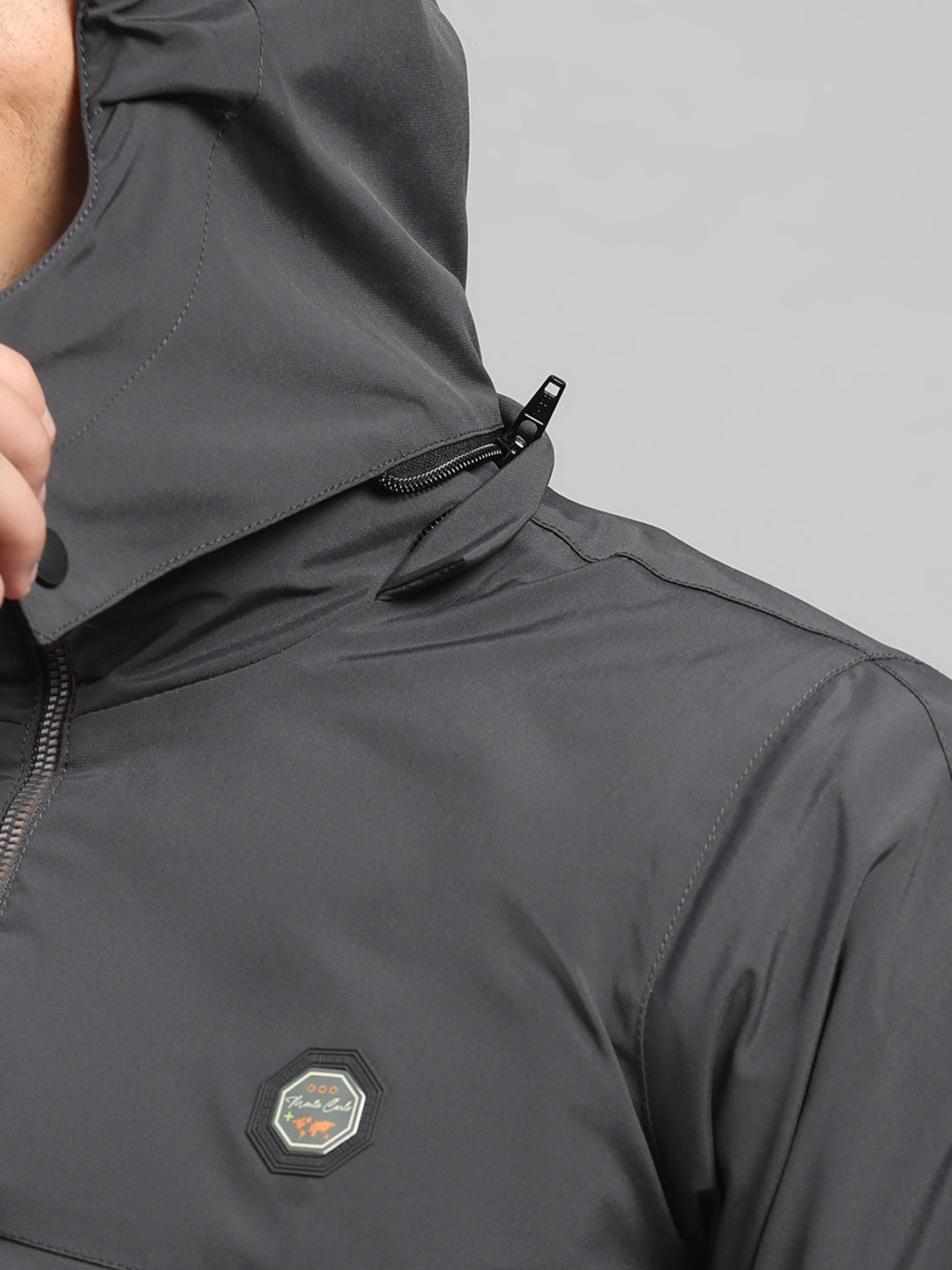 Men Grey Solid Hooded Full Sleeve Jacket