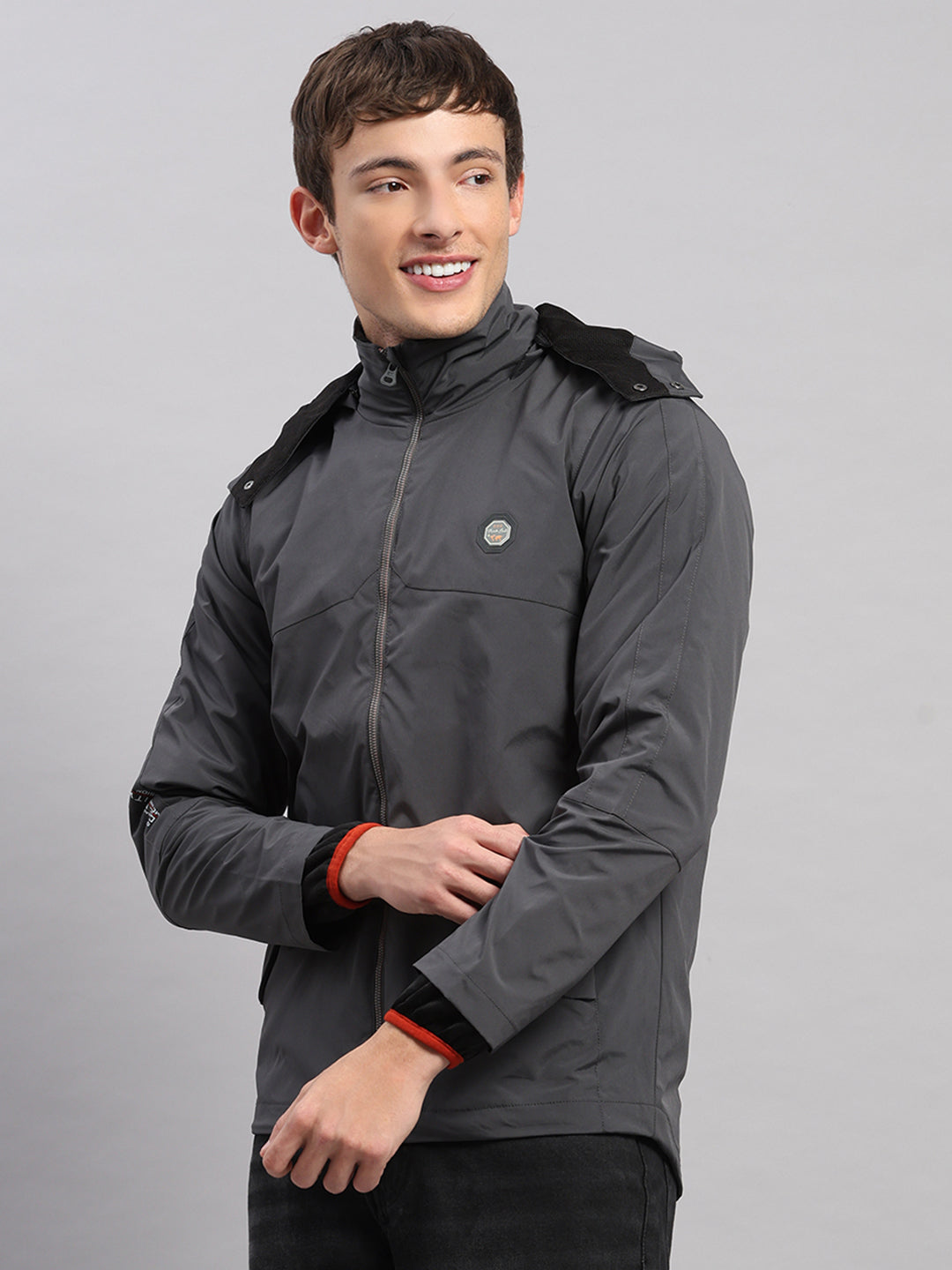 Men Grey Solid Hooded Full Sleeve Jacket