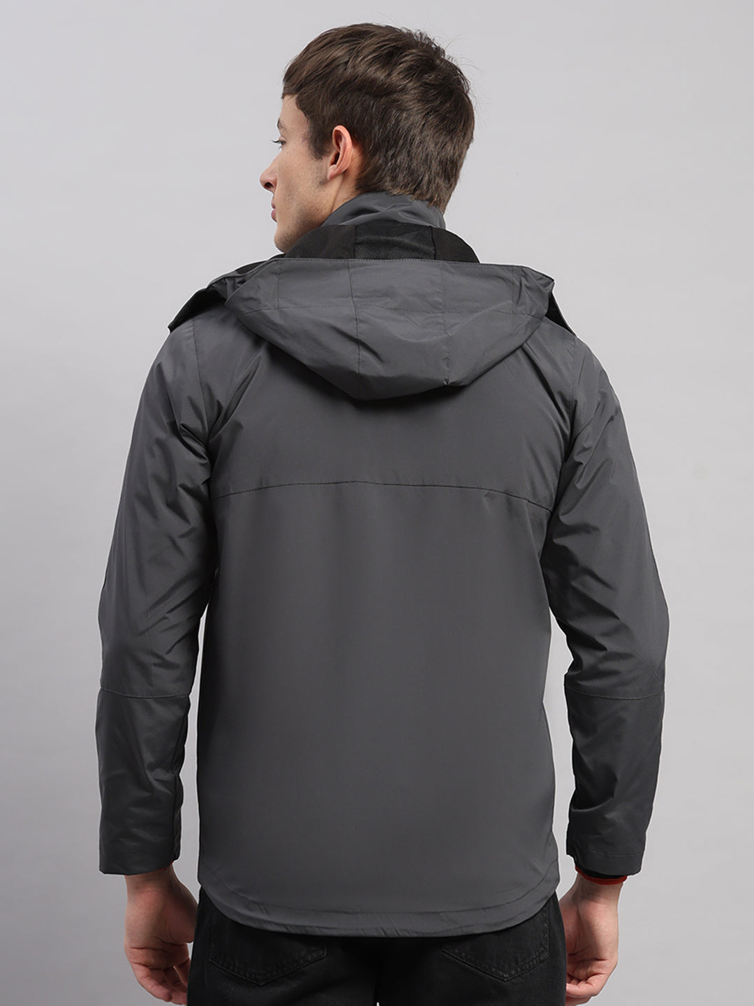 Men Grey Solid Hooded Full Sleeve Jacket