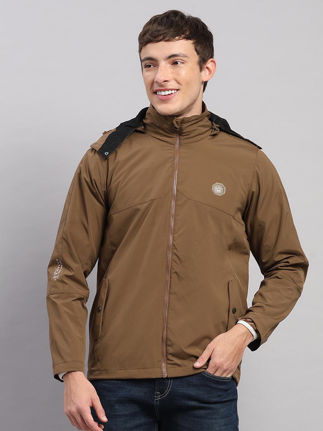 Men Brown Solid Hooded Full Sleeve Jacket