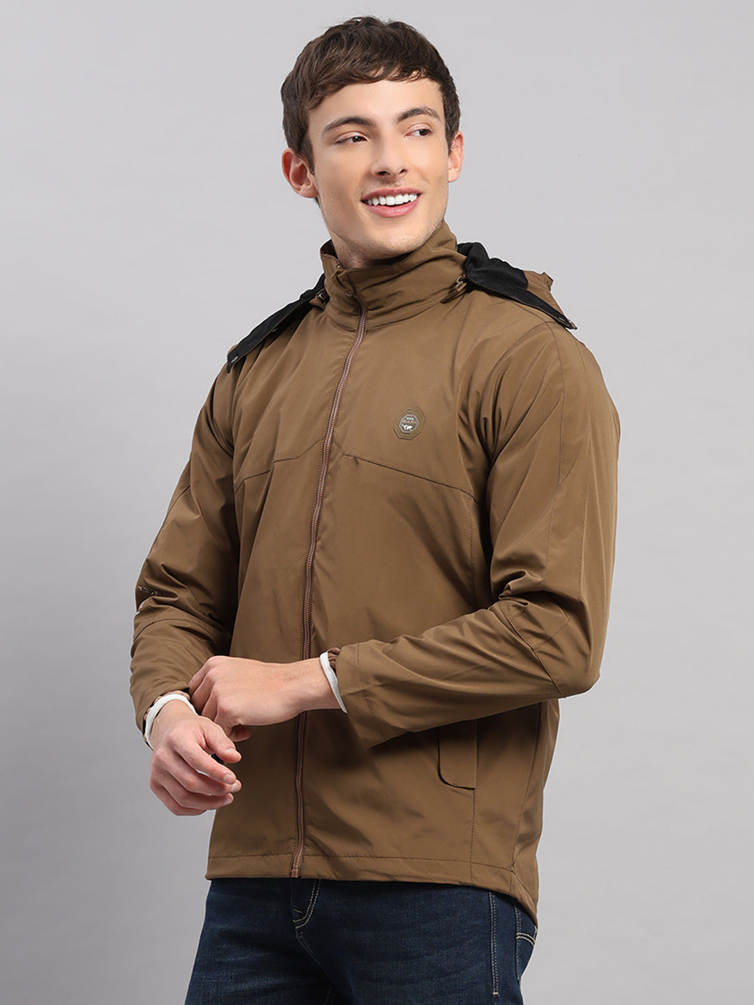 Men Brown Solid Hooded Full Sleeve Jacket