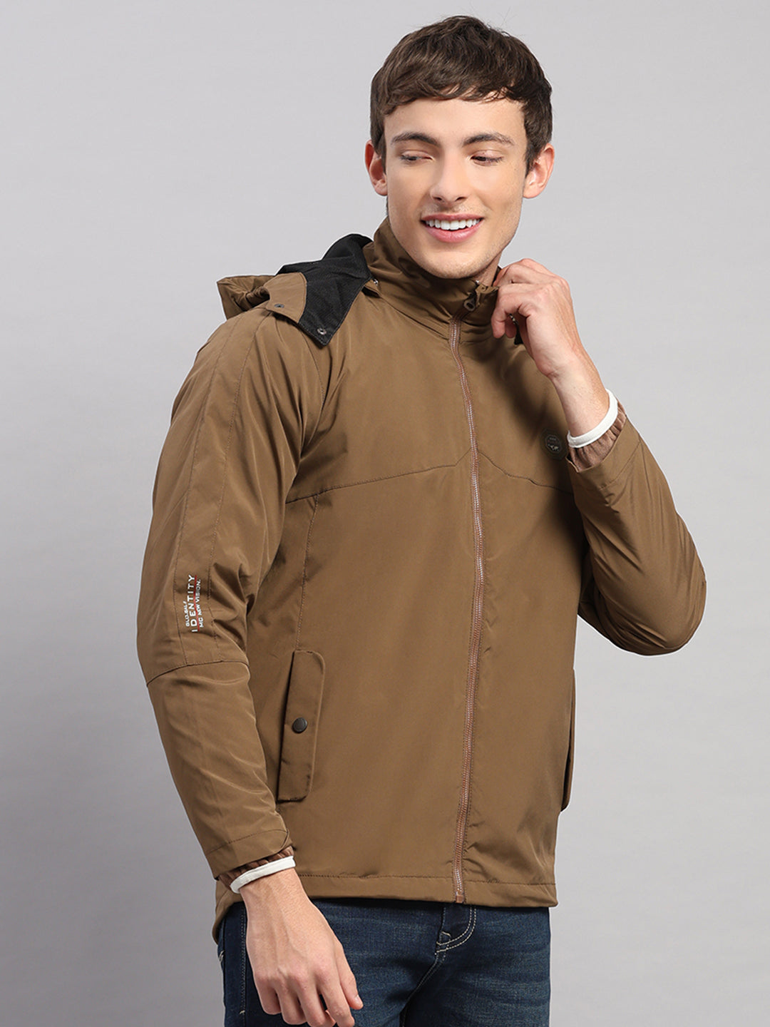 Men Brown Solid Hooded Full Sleeve Jacket