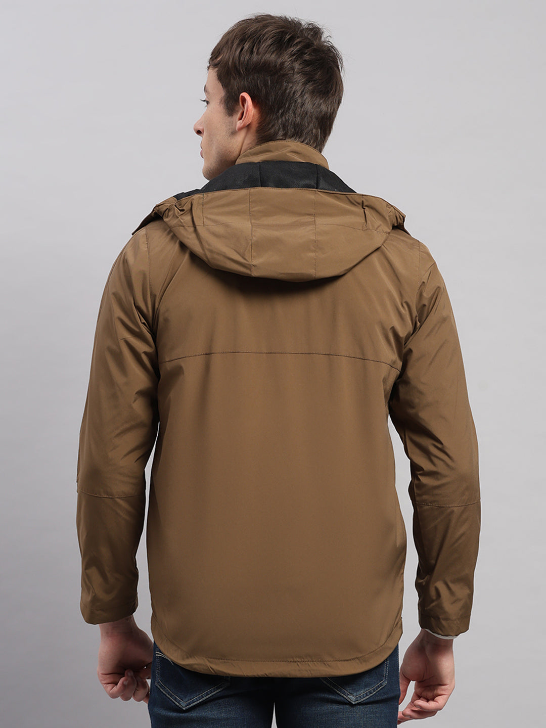 Men Brown Solid Hooded Full Sleeve Jacket