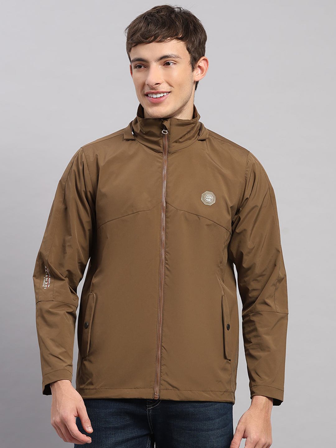 Men Brown Solid Hooded Full Sleeve Jacket