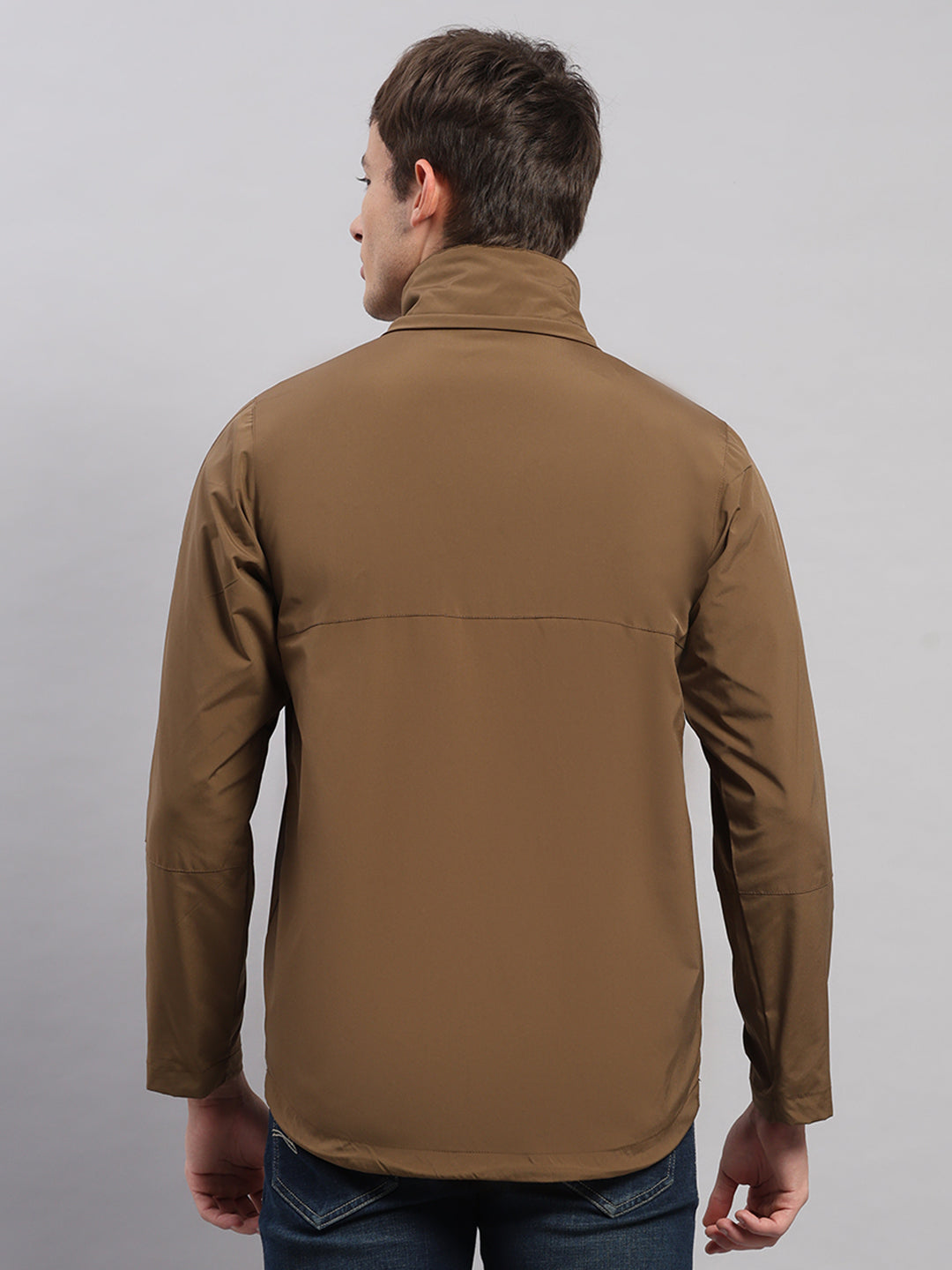 Men Brown Solid Hooded Full Sleeve Jacket