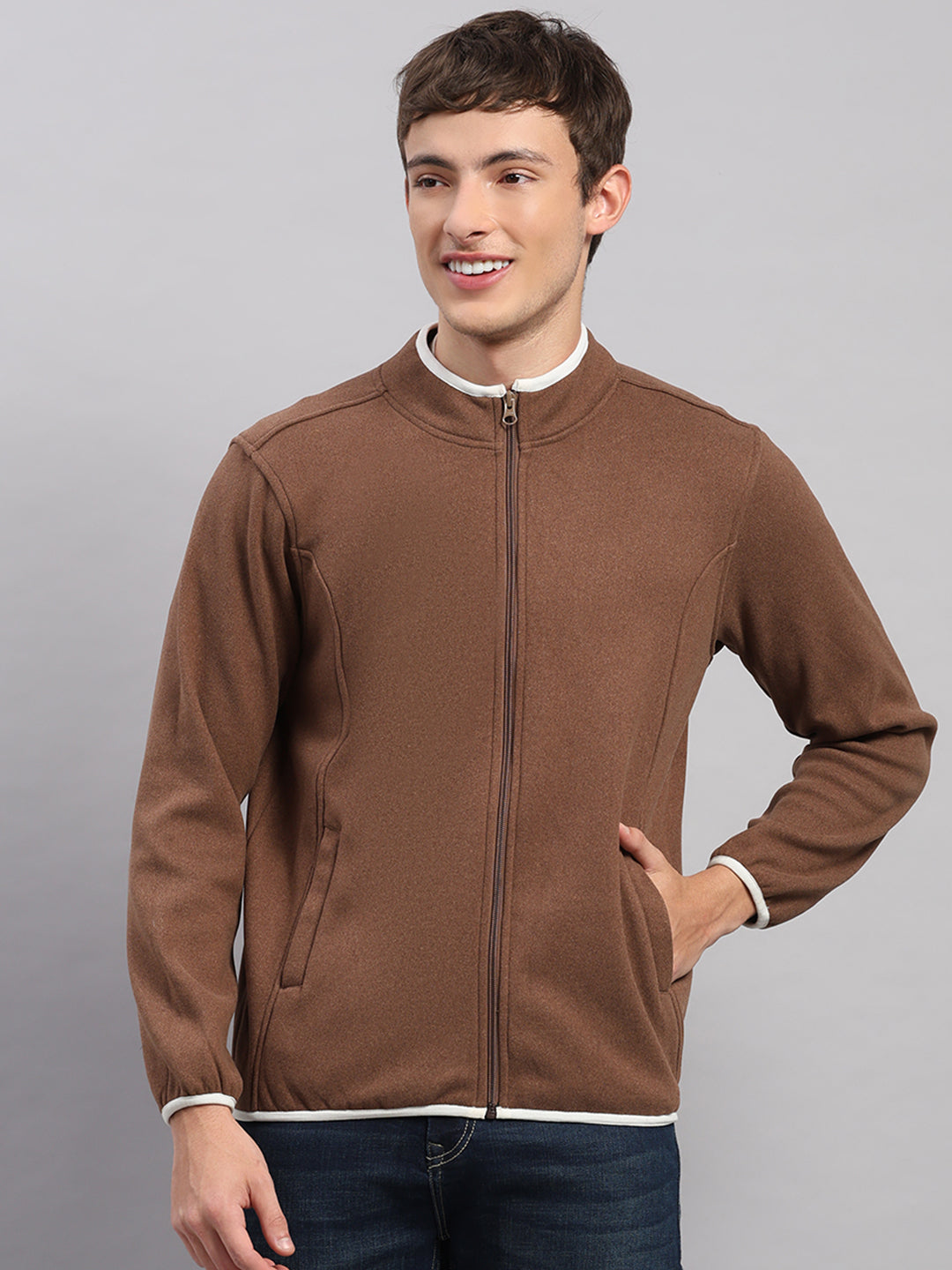 Men Brown Solid Hooded Full Sleeve Jacket