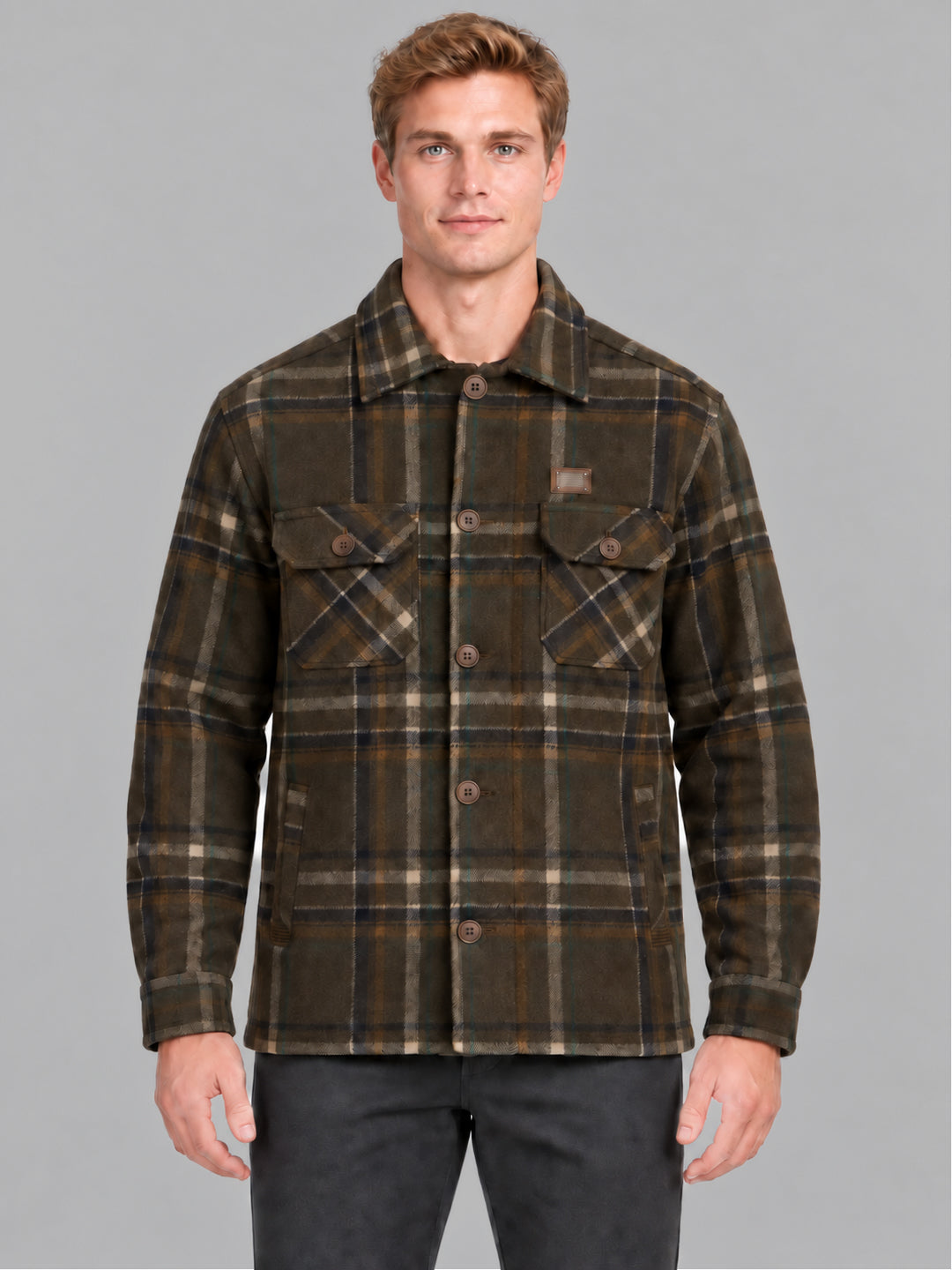 Men Brown Solid Front Open Full Sleeve Jacket
