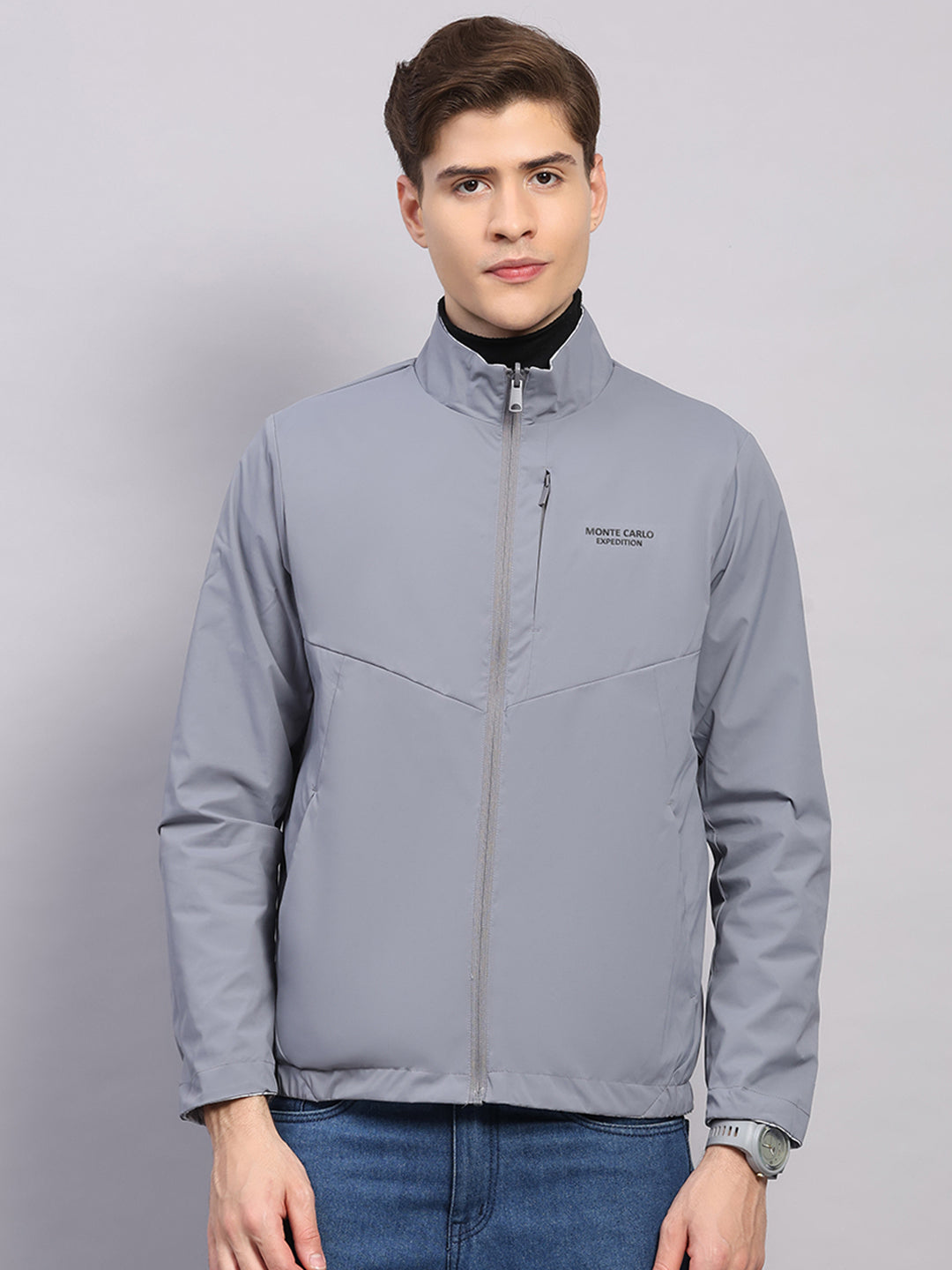 Men Grey Solid Hooded Full Sleeve Reversible Jacket