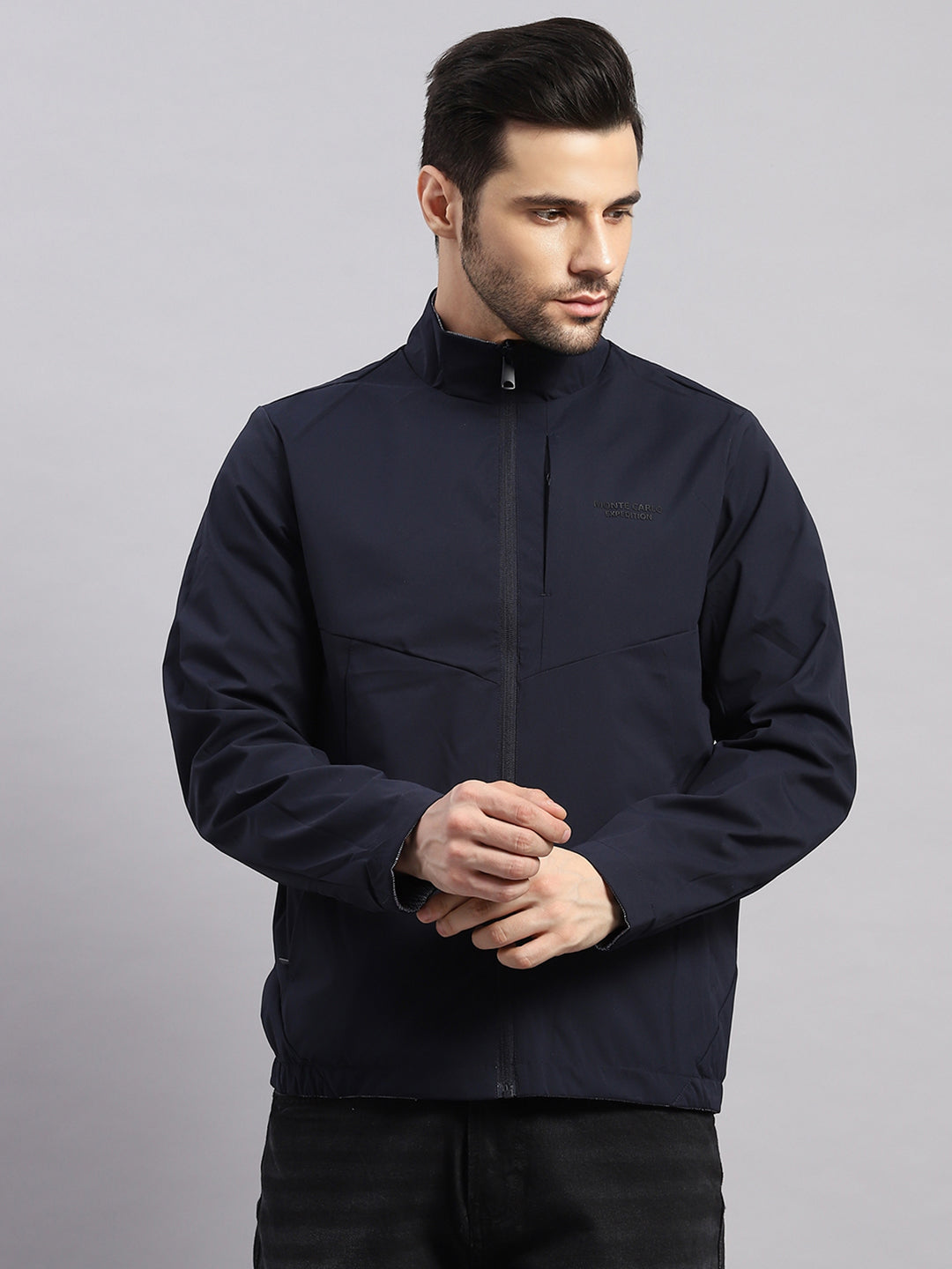 Men Navy Blue Solid Hooded Full Sleeve Reversible Jacket