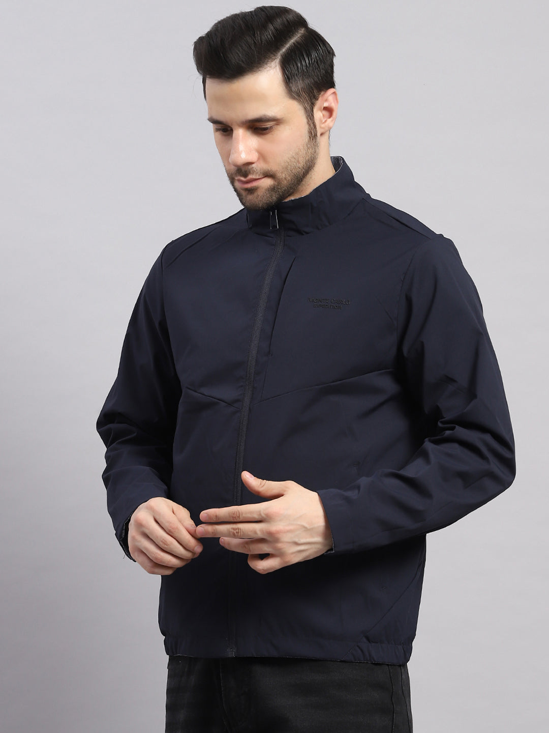 Men Navy Blue Solid Hooded Full Sleeve Reversible Jacket