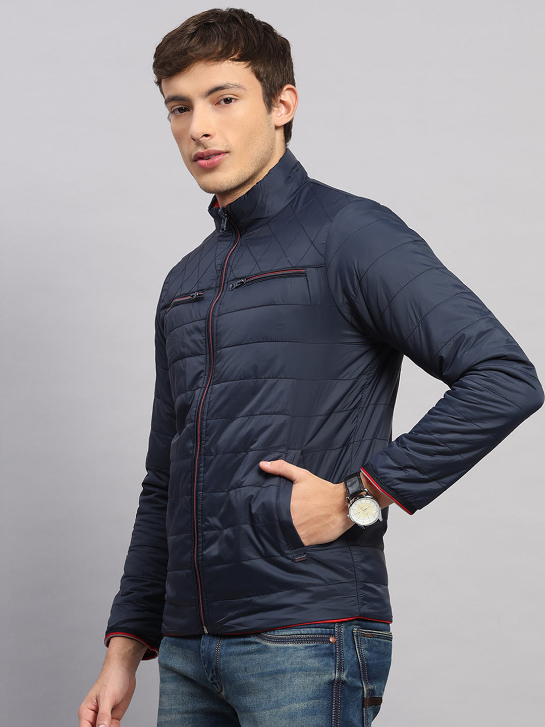 Men Navy Blue Solid Collar Full Sleeve Jacket