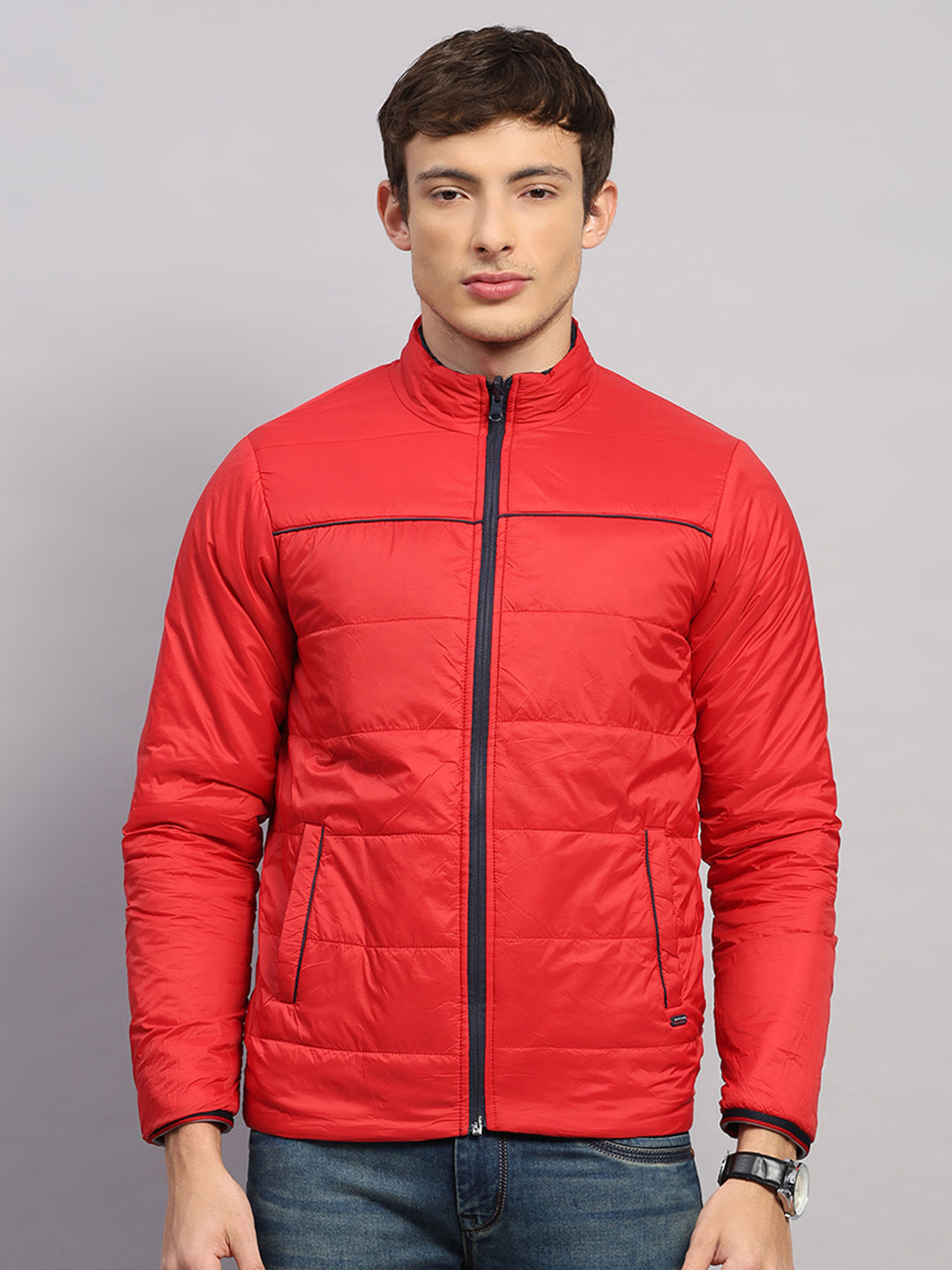 Men Navy Blue Solid Collar Full Sleeve Jacket
