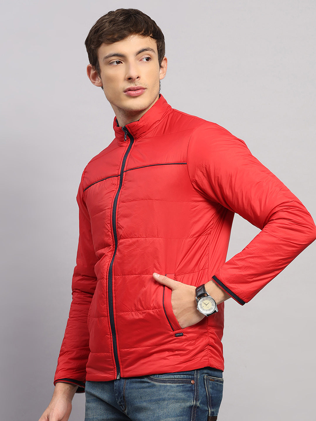 Men Navy Blue Solid Collar Full Sleeve Jacket