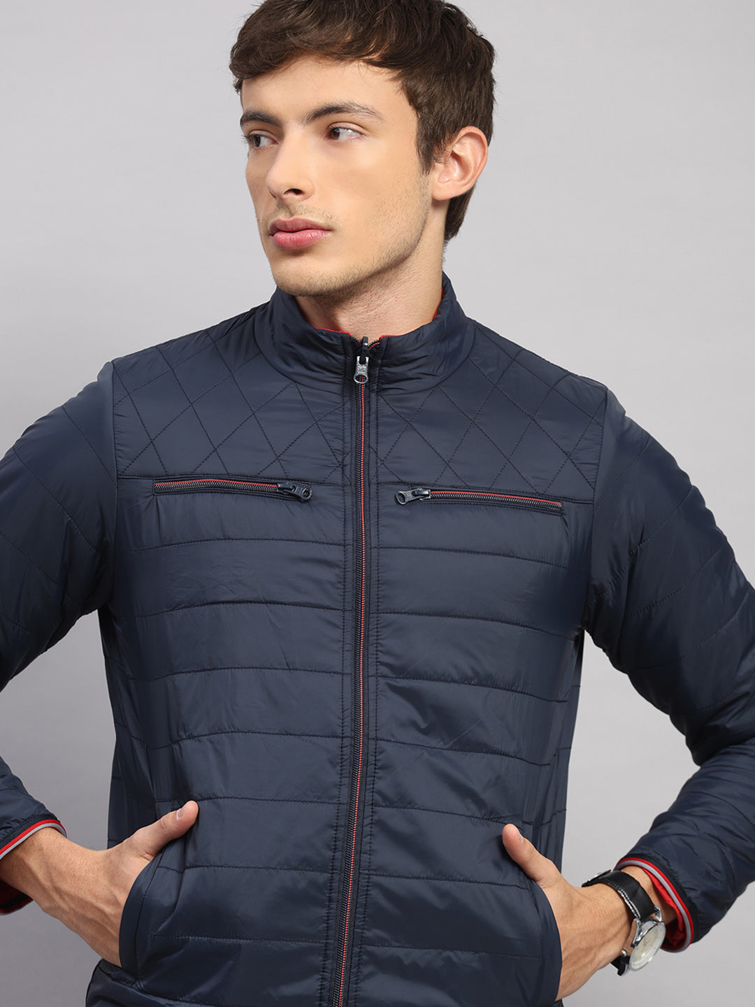 Men Navy Blue Solid Collar Full Sleeve Jacket
