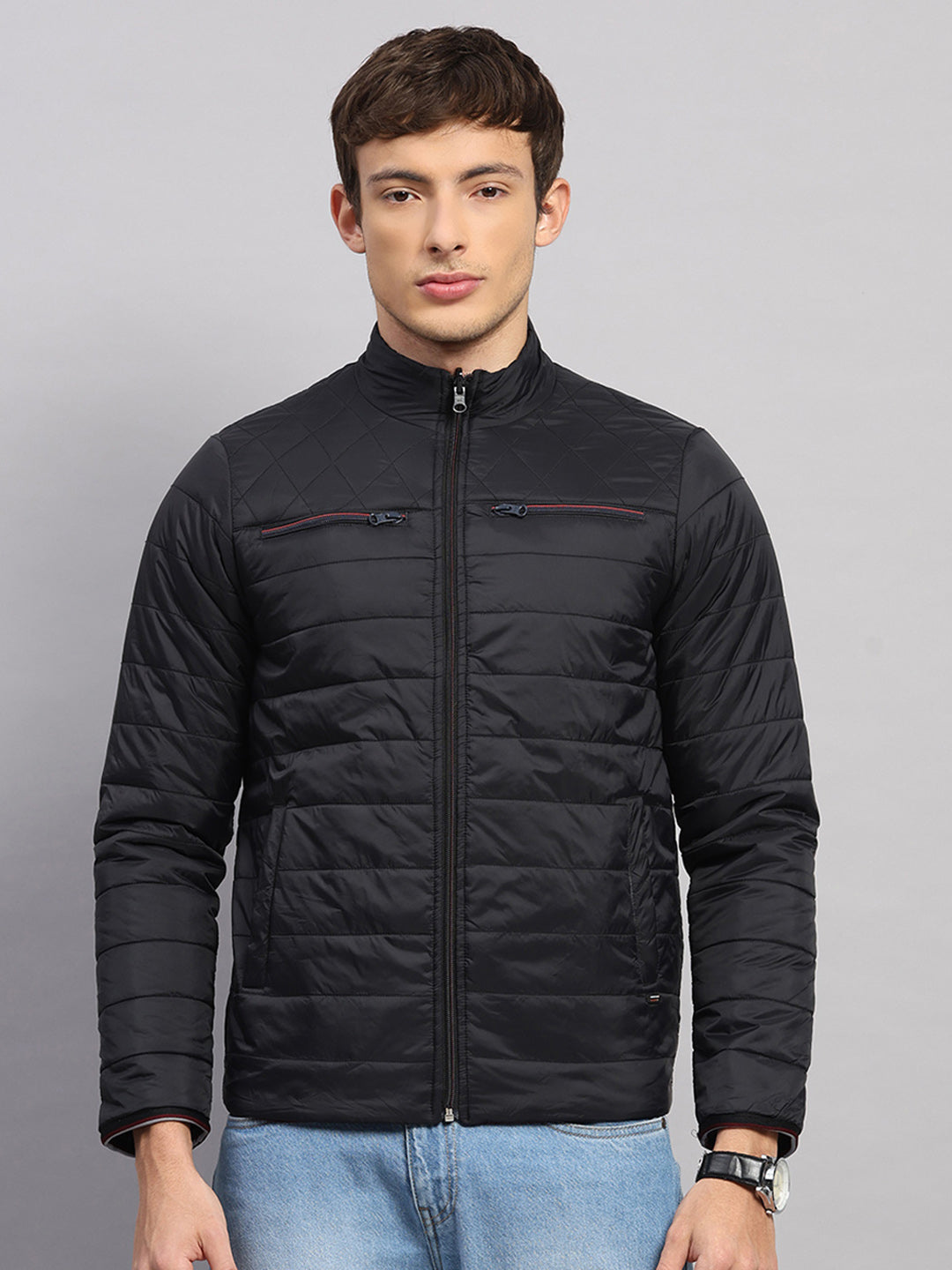 Men Black Solid Collar Full Sleeve Jacket
