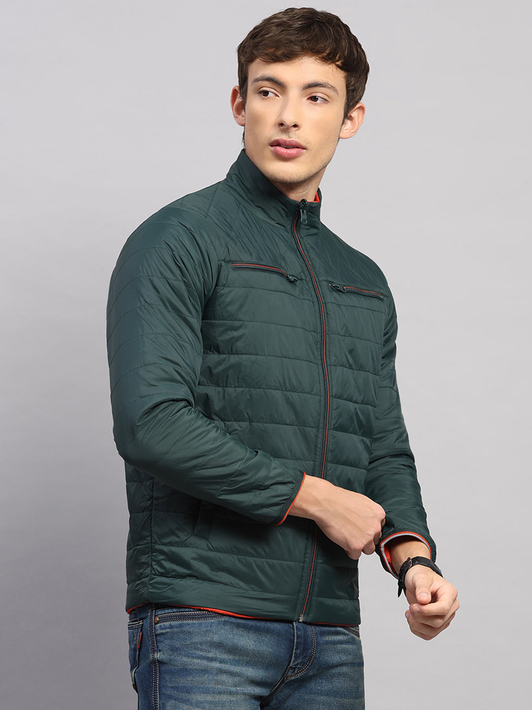 Men Olive Solid Collar Full Sleeve Reversible Jacket