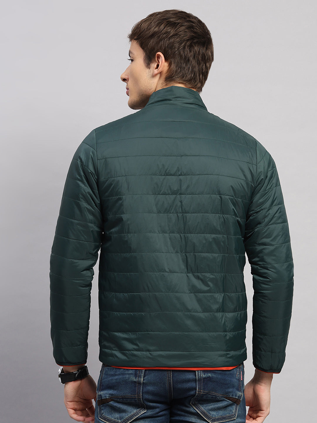 Men Olive Solid Collar Full Sleeve Reversible Jacket