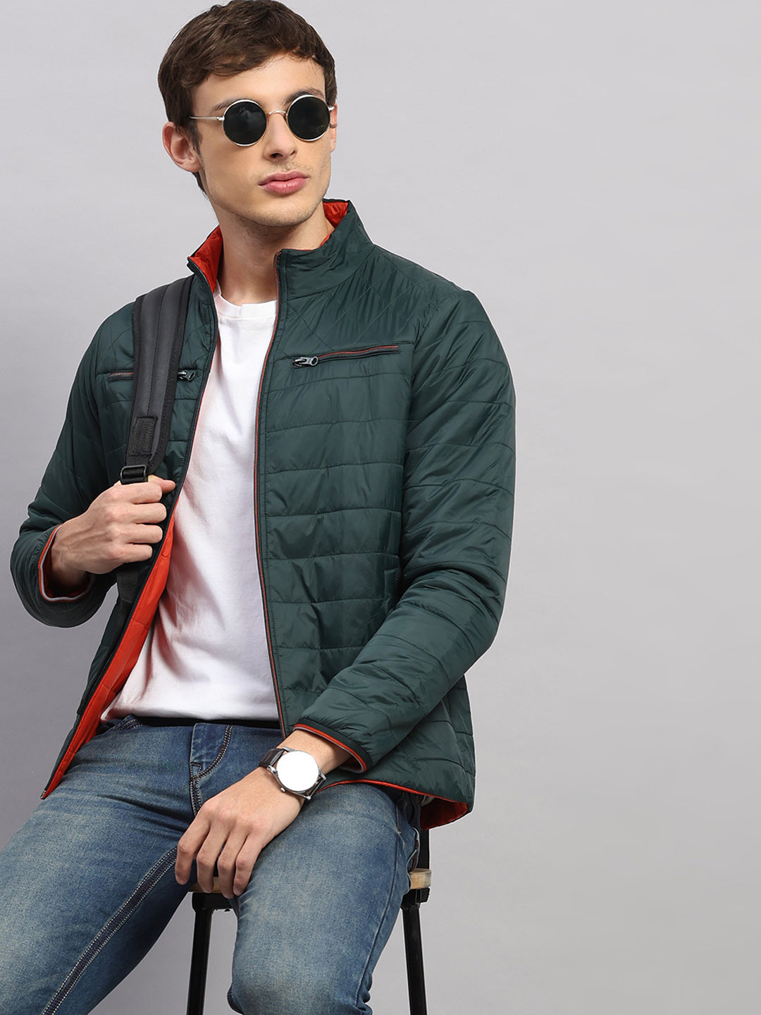 Men Olive Solid Collar Full Sleeve Reversible Jacket