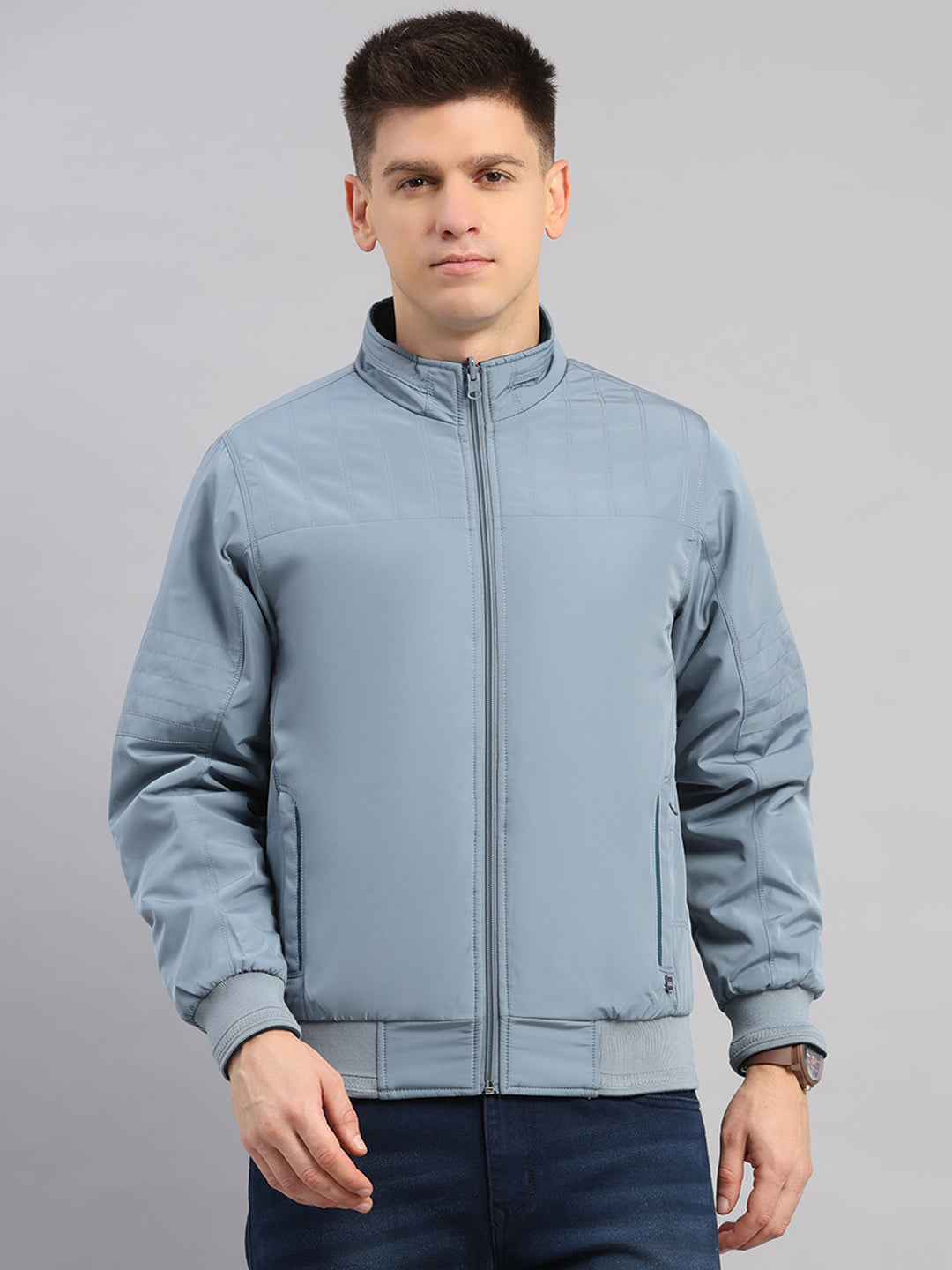 Men Grey Solid Collar Full Sleeve Reversible Jacket