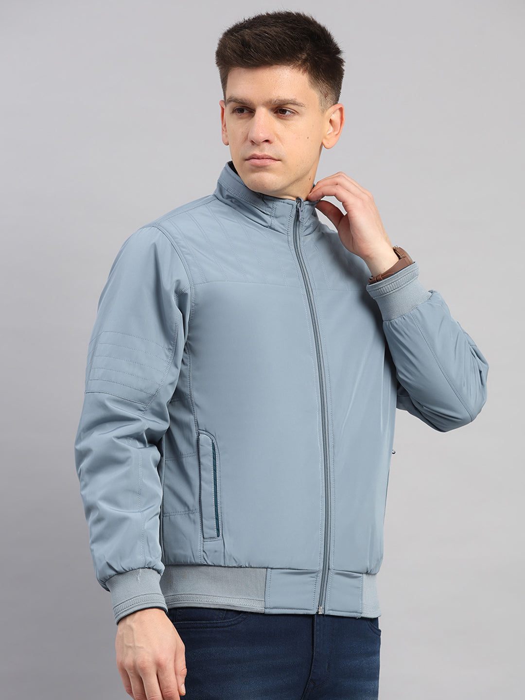 Men Grey Solid Collar Full Sleeve Reversible Jacket