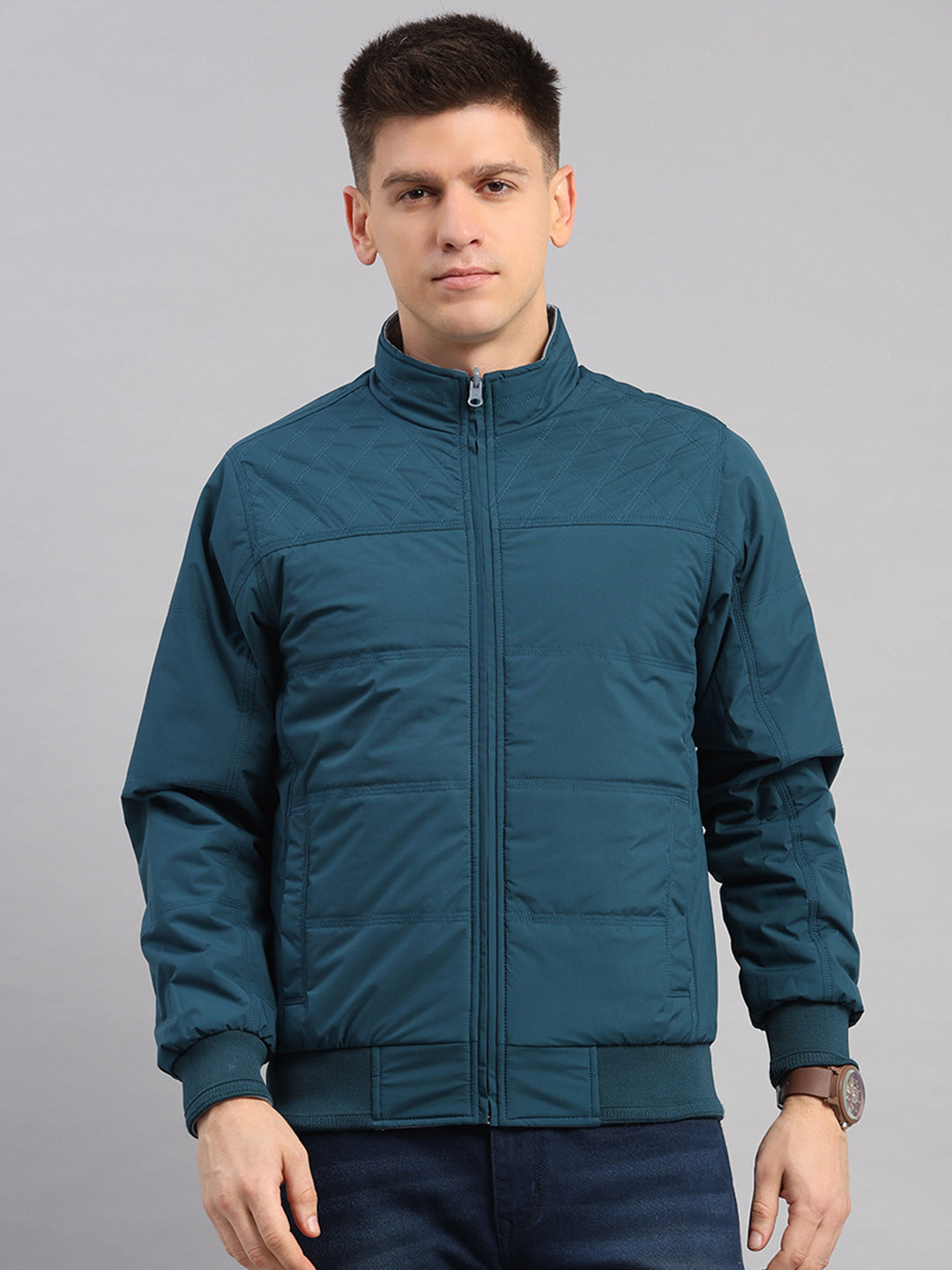 Men Grey Solid Collar Full Sleeve Reversible Jacket