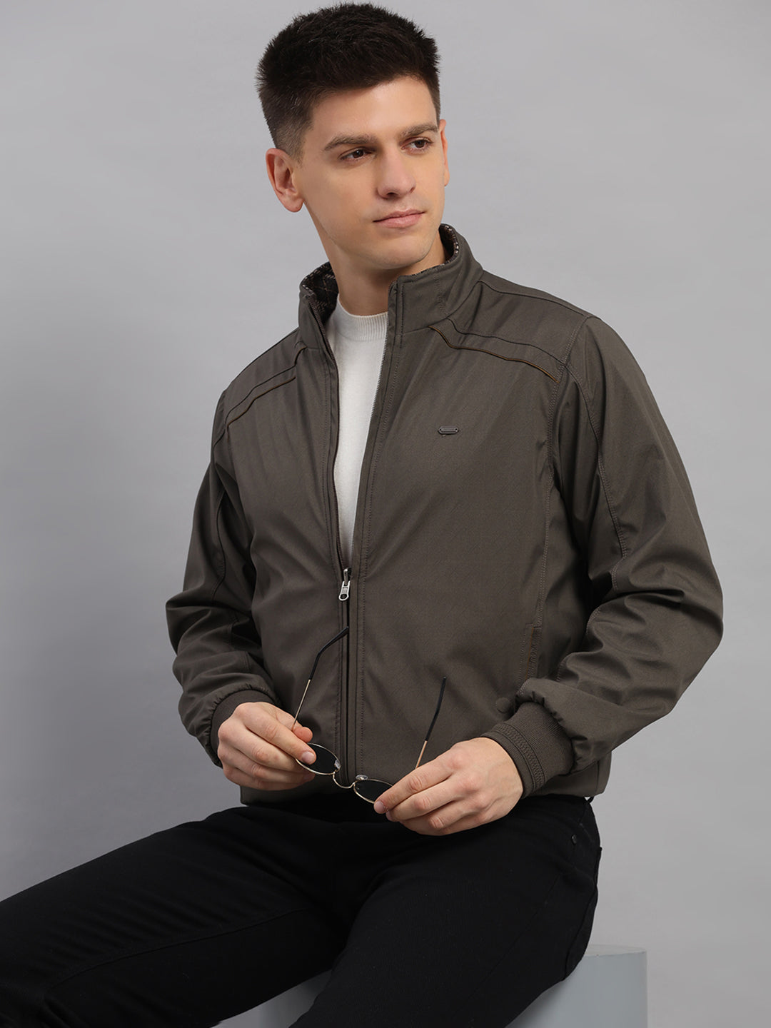 Men Grey Solid Collar Full Sleeve Reversible Jacket