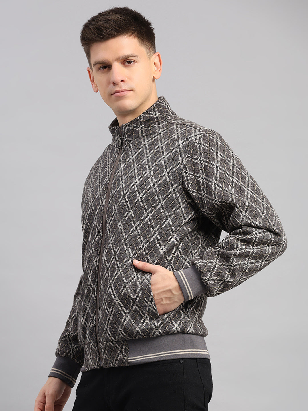 Men Grey Solid Collar Full Sleeve Reversible Jacket