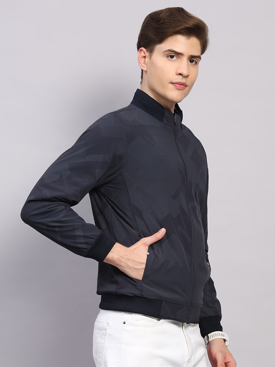Men Navy Blue Solid Collar Full Sleeve Reversible Jacket