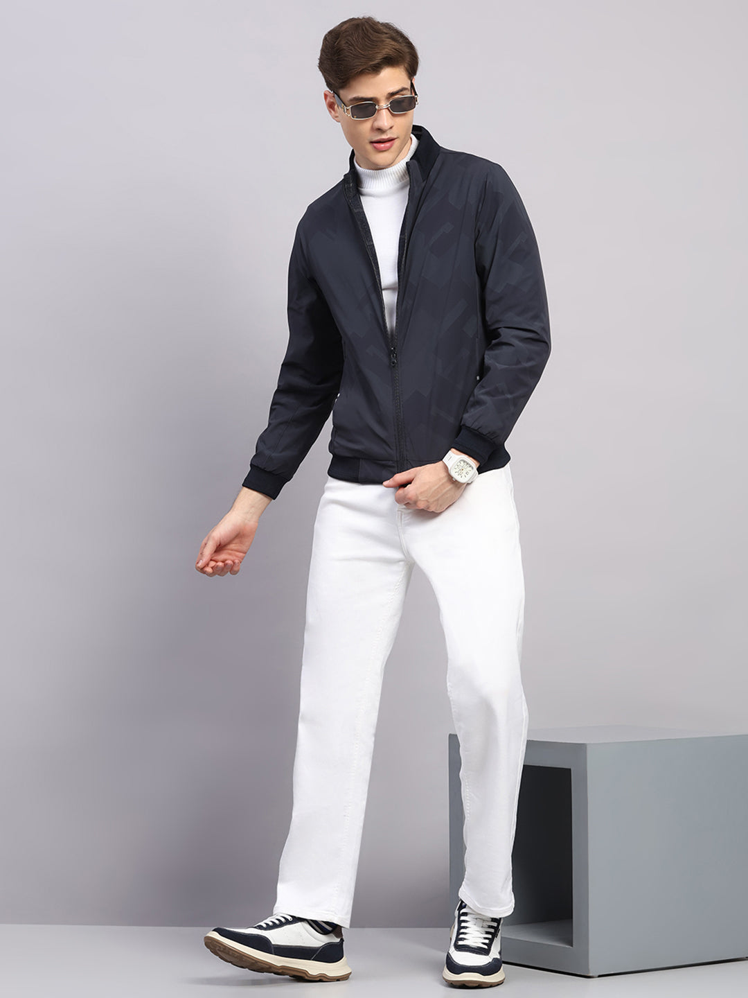 Men Navy Blue Solid Collar Full Sleeve Reversible Jacket