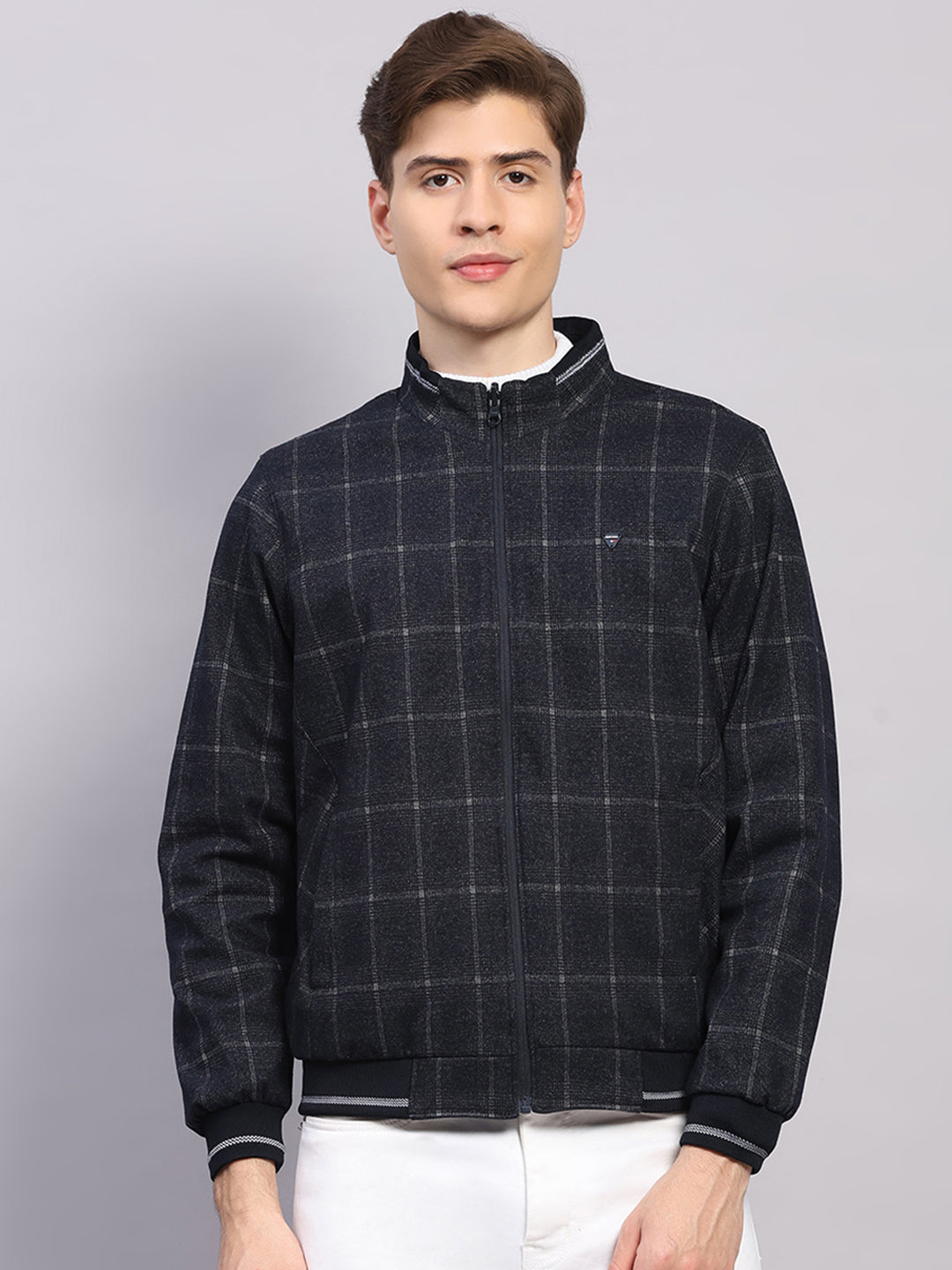 Men Navy Blue Solid Collar Full Sleeve Reversible Jacket