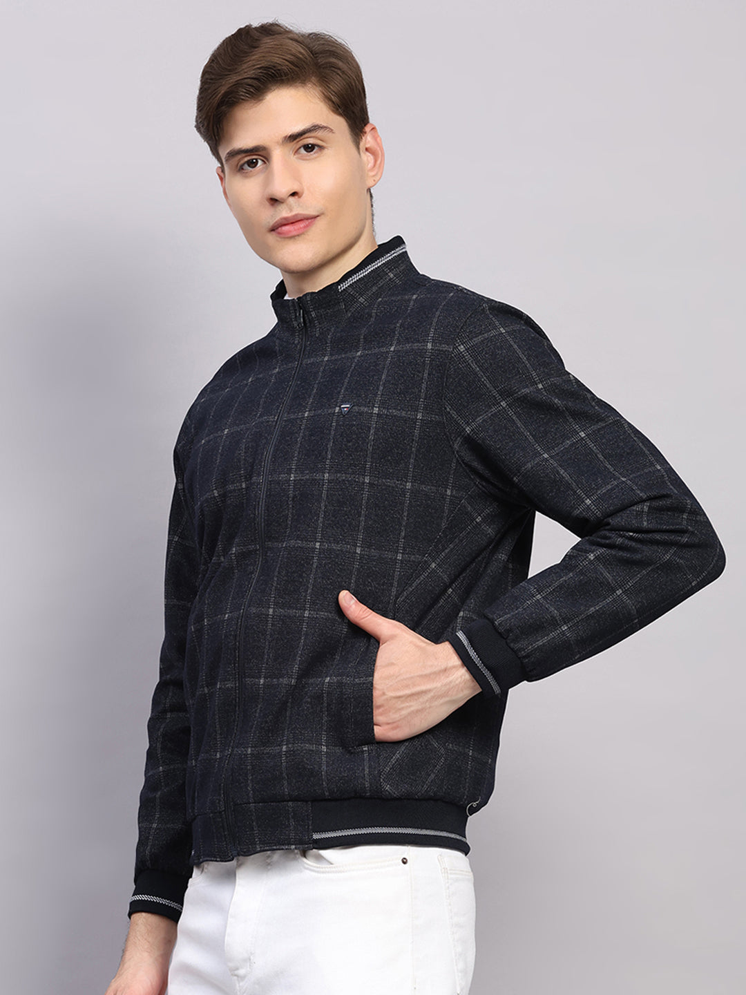 Men Navy Blue Solid Collar Full Sleeve Reversible Jacket