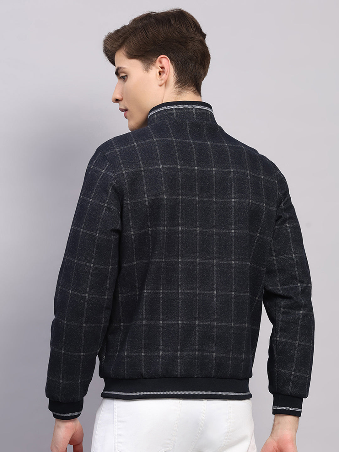 Men Navy Blue Solid Collar Full Sleeve Reversible Jacket