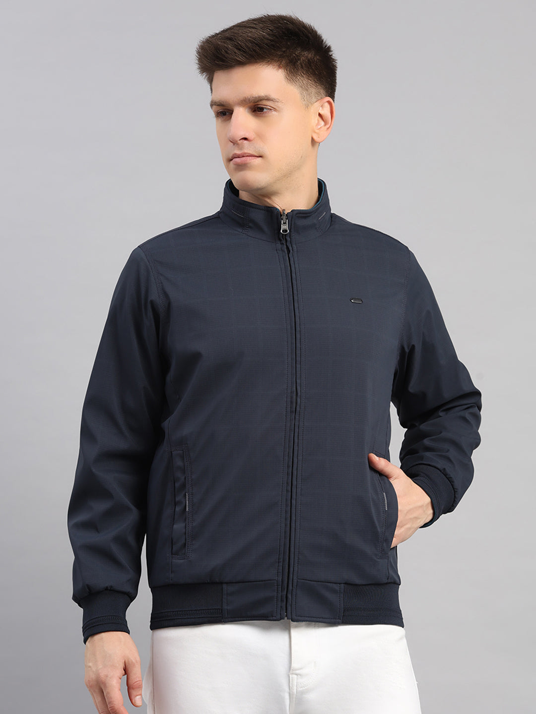 Men Navy Blue Solid Collar Full Sleeve Reversible Jacket