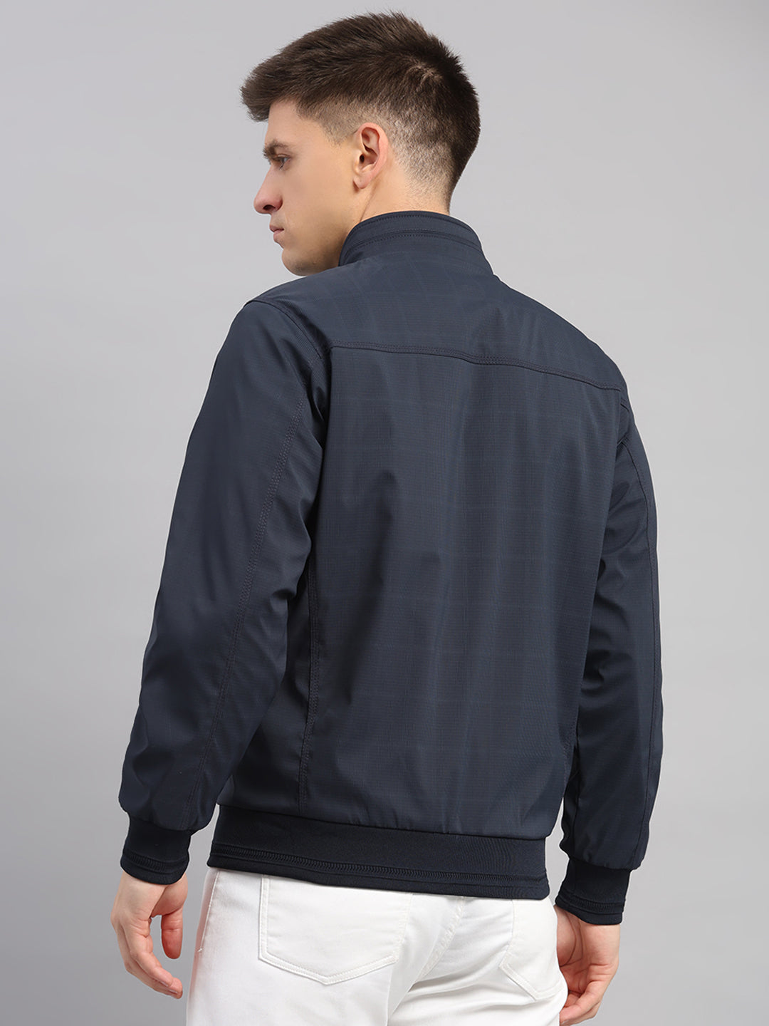 Men Navy Blue Solid Collar Full Sleeve Reversible Jacket